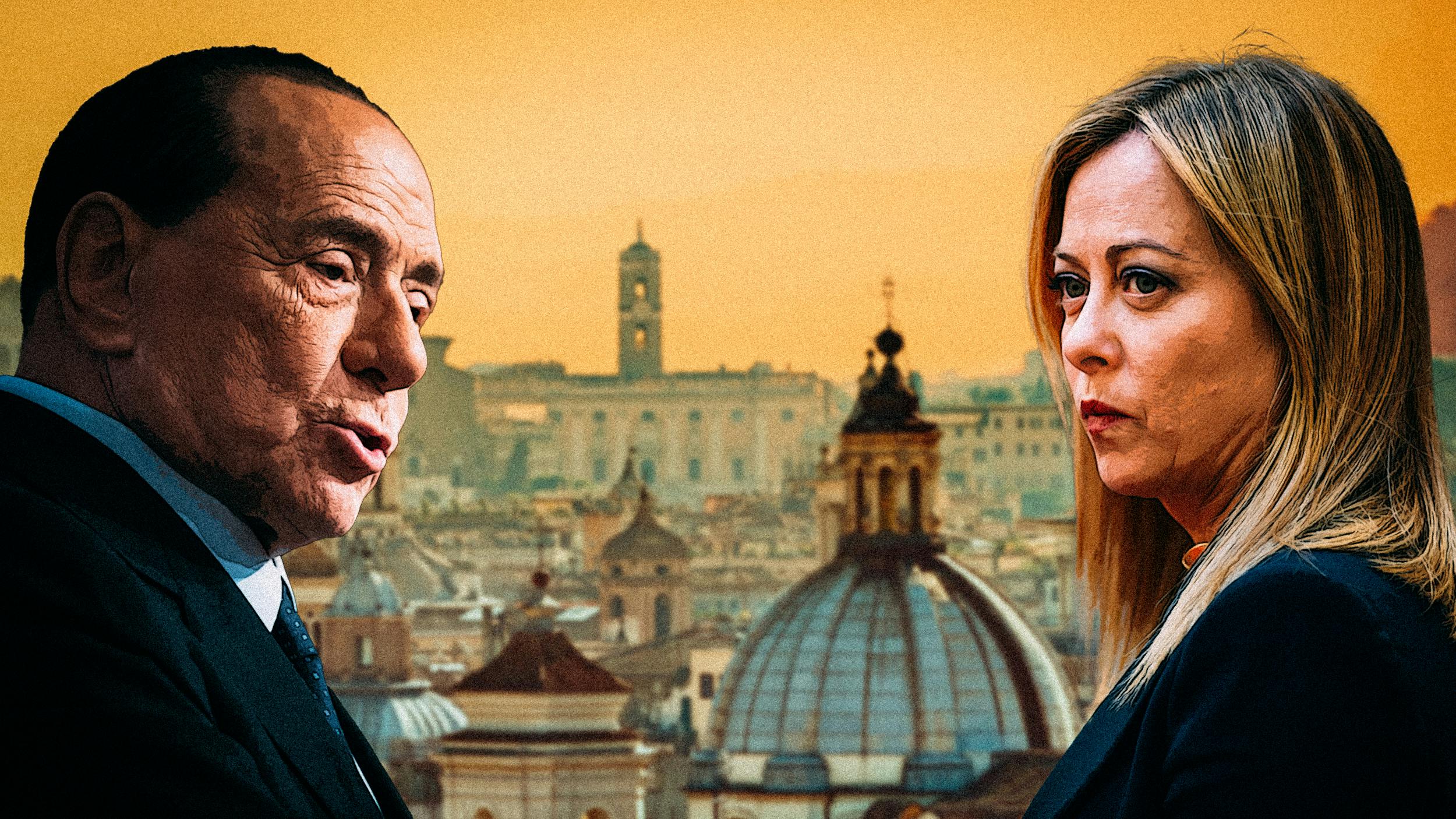 Collage: Berlusconi und Meloni vor Rom