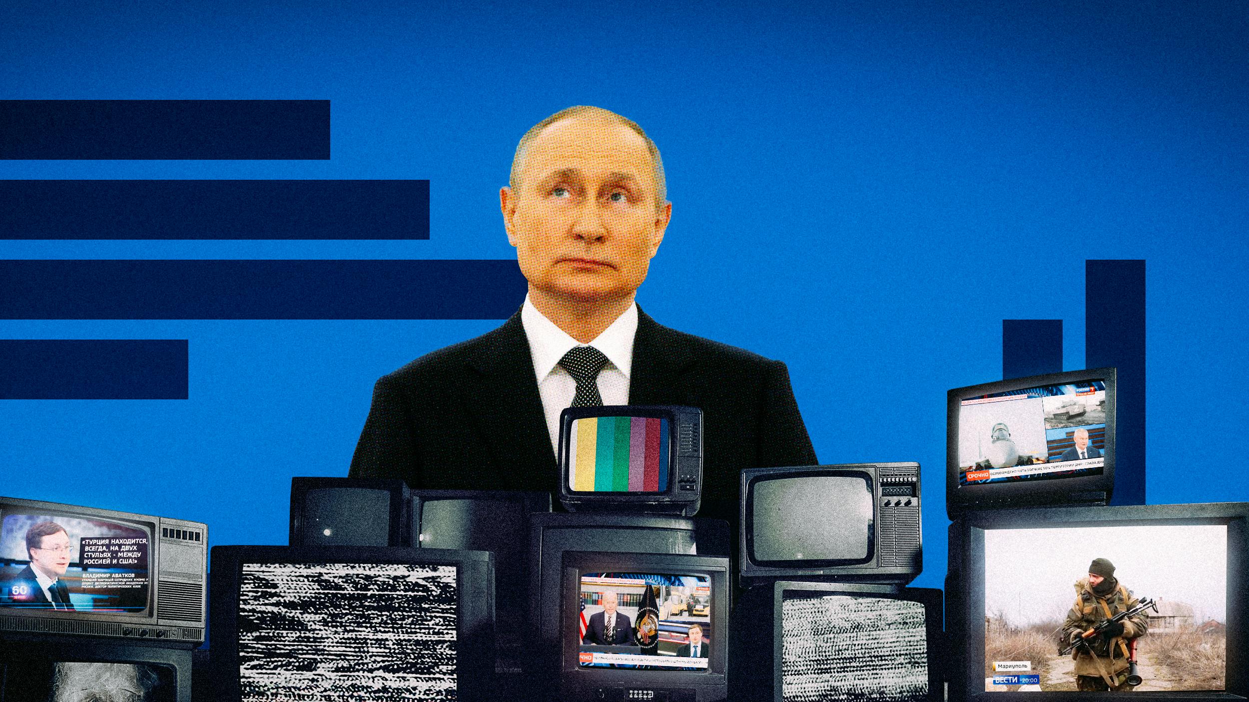 Putin steht inmitten von Fernsehern