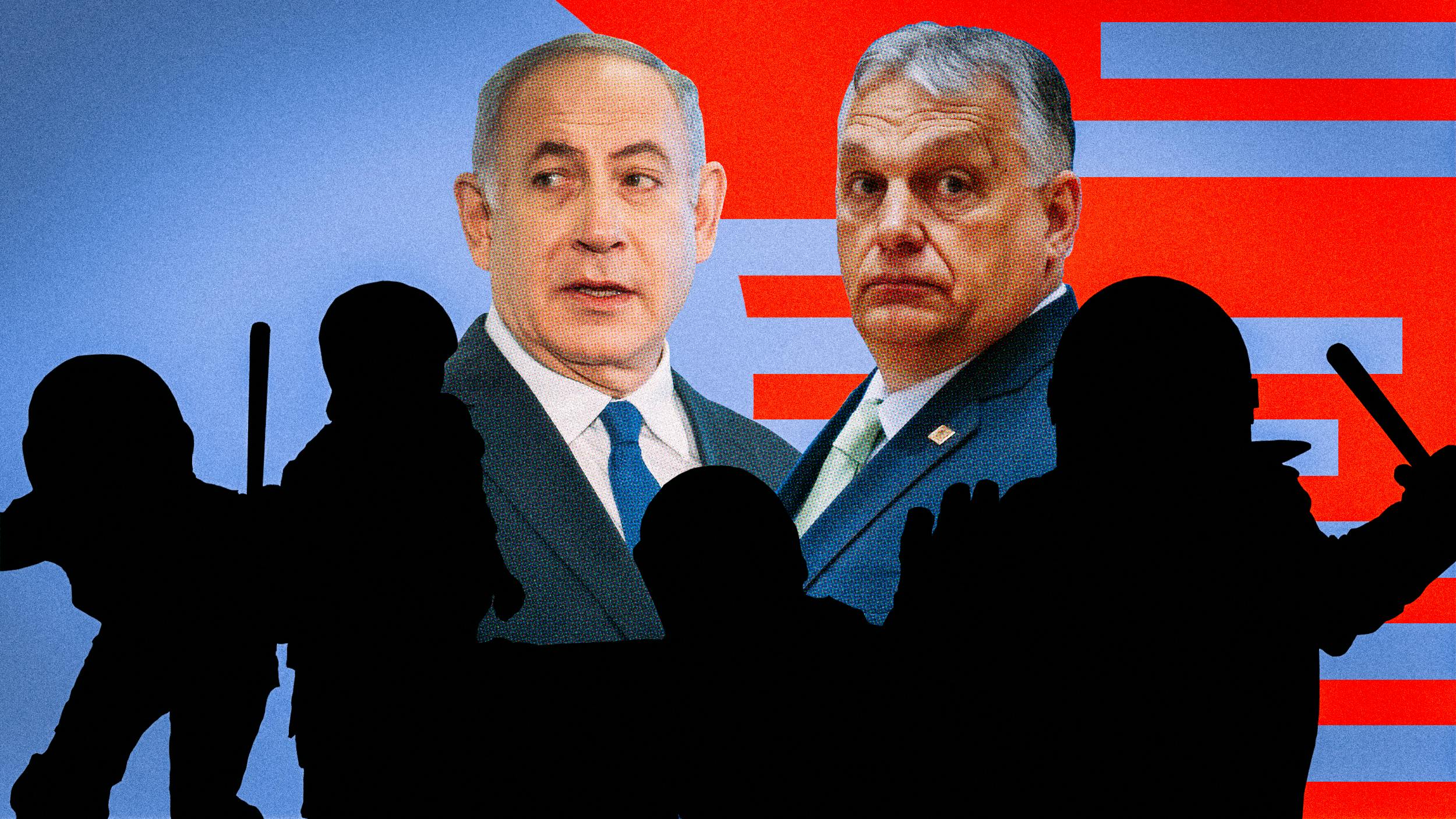 Collage: Natanyahu und Orban stehen vor Polizisten mit erhobenen Knüppeln