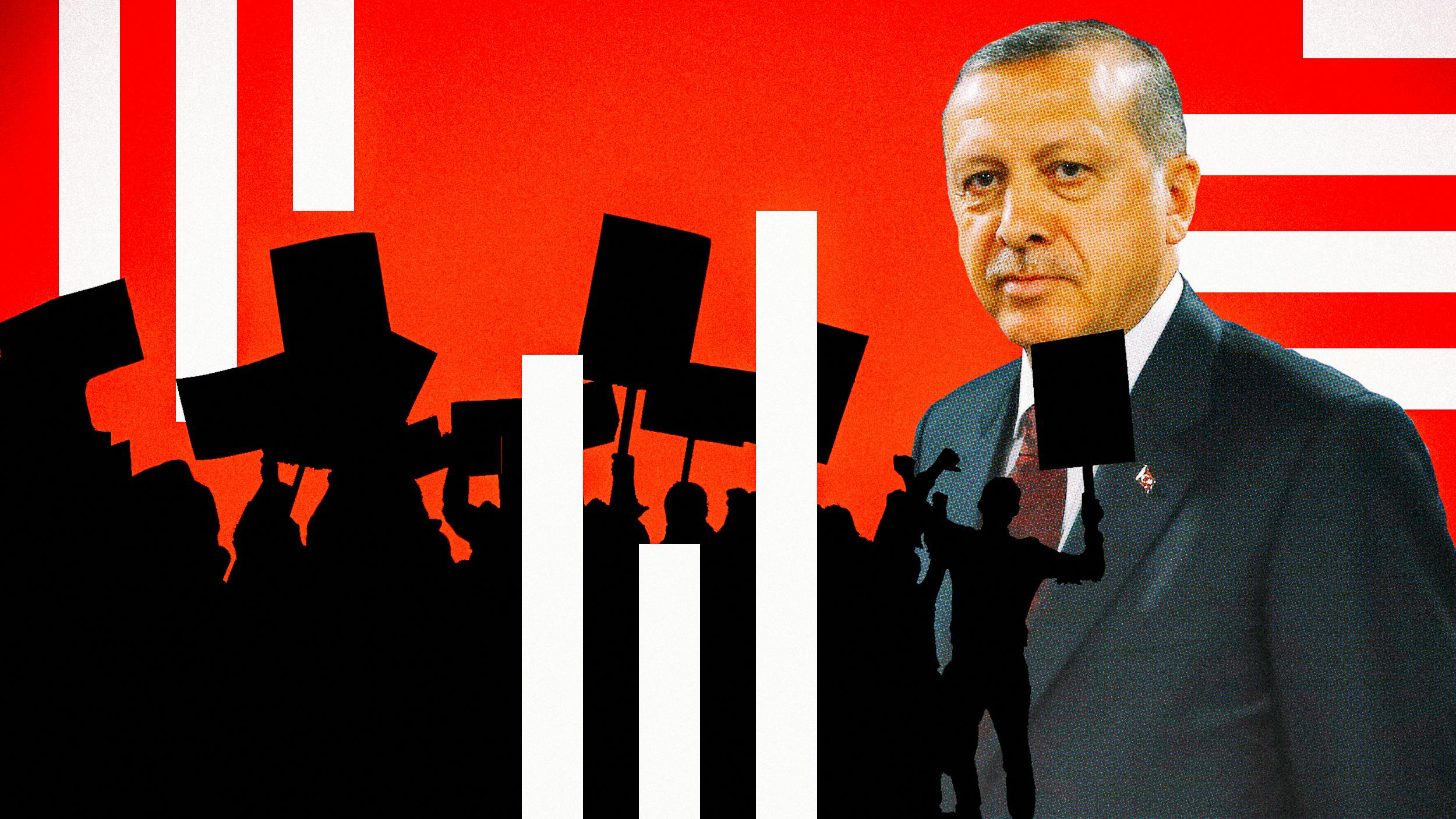 Collage: Erdogan steht hinter einer Reihe Demontrant:innen.