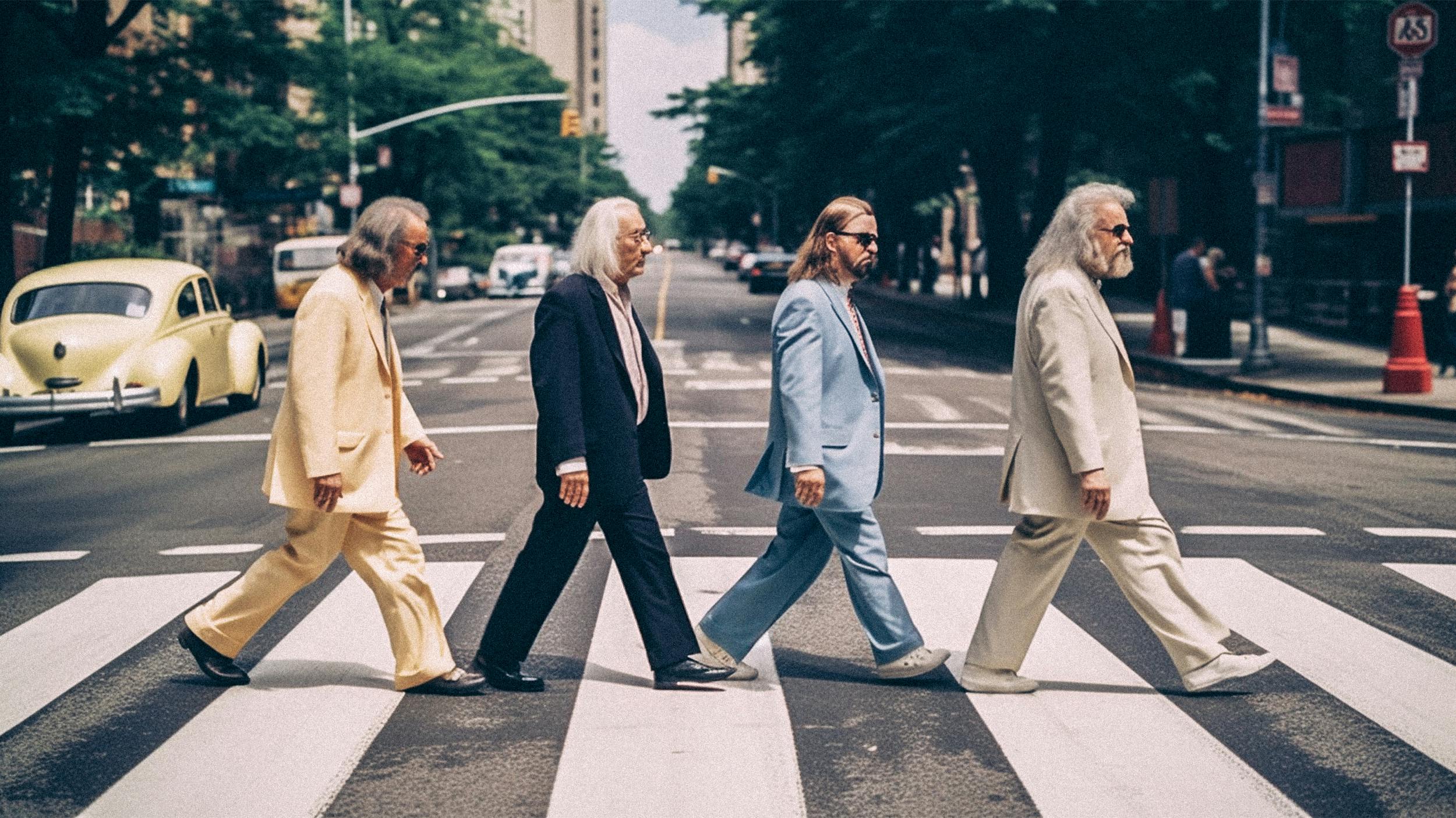 Vier alte Männer laufen von links nach rechts über einen Zebrastreifen, im Hintergrund ist eine von Bäumen gesäumte Straße zu erkennen. Das Bild sieht dem berühmten Cover vom Beatles-Album 'Abbey Road' sehr ähnlich.