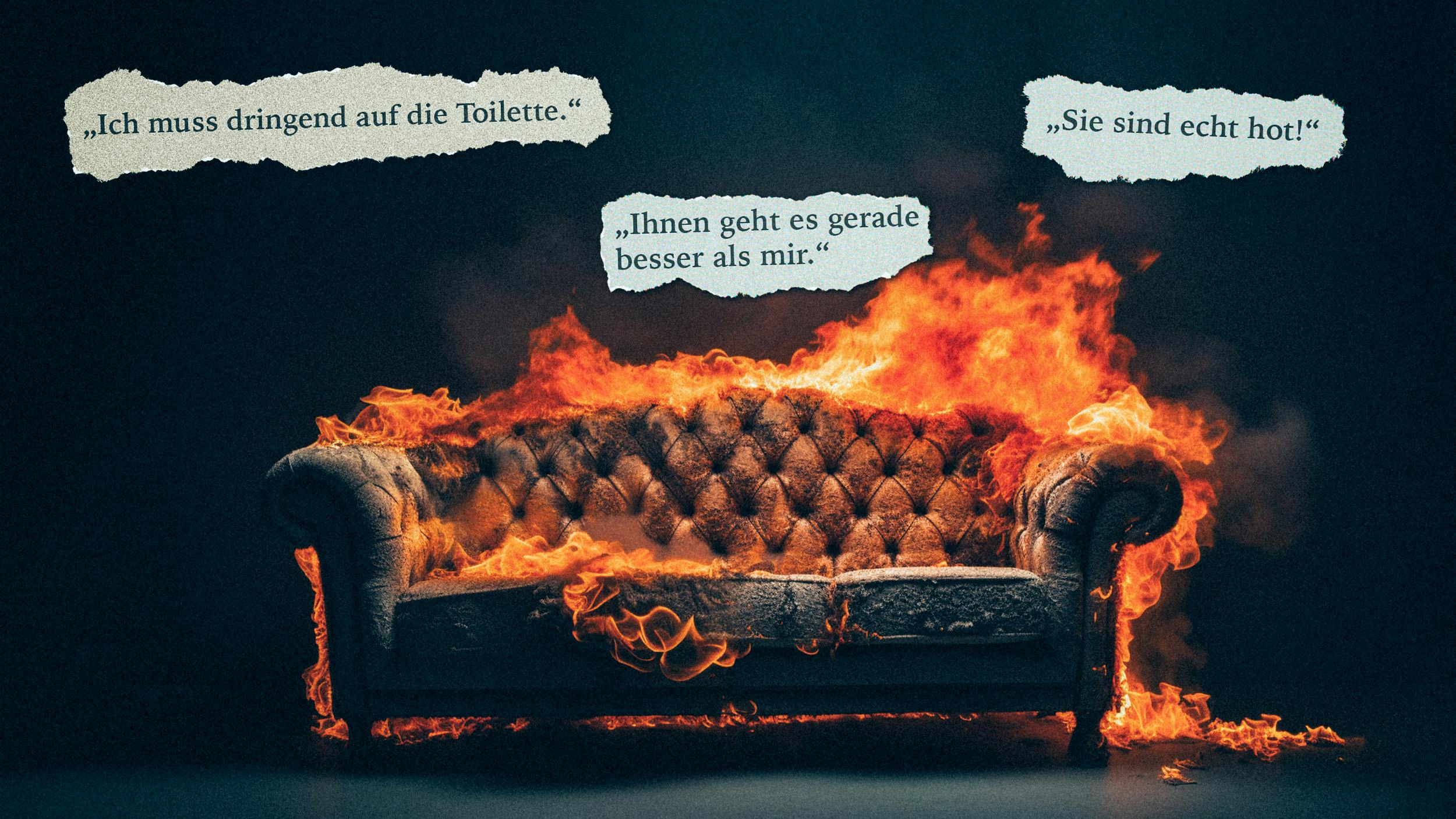 Collage: Eine brennende Couch, darüber schweben Zitate.