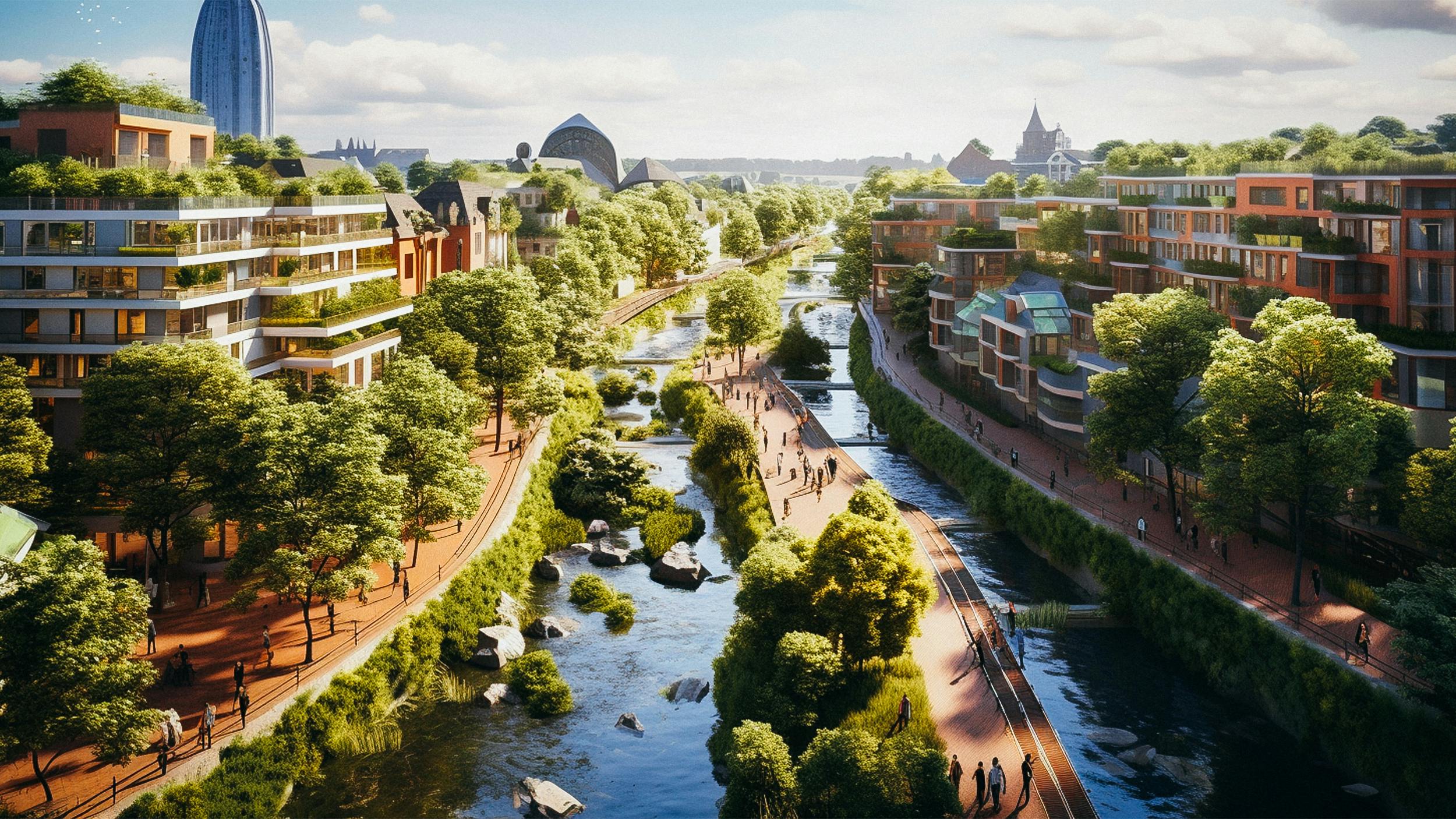 Auf dem Bild sieht man eine Stadt mit einem Fluss, die modern aussieht und sehr grün ist