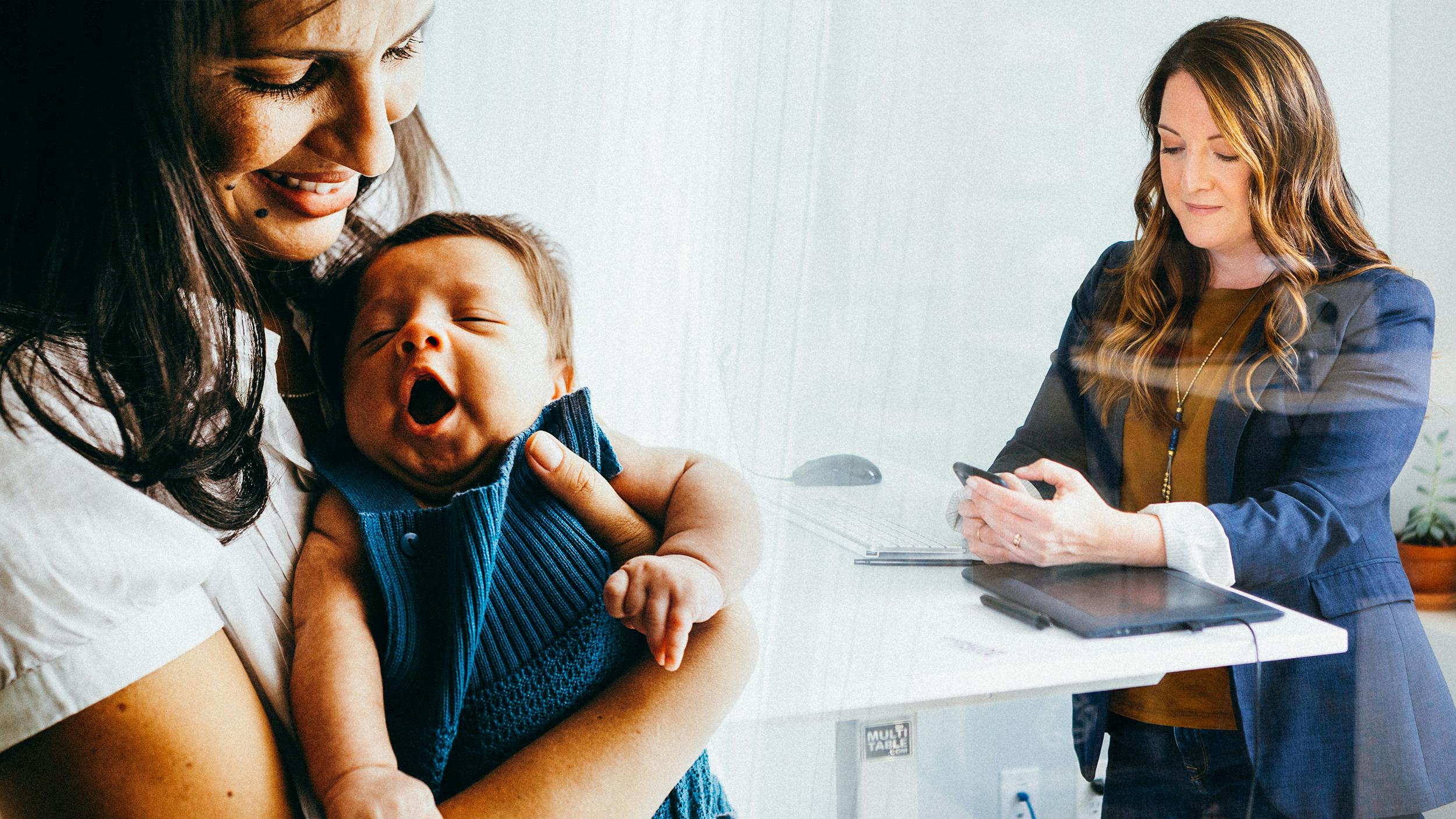 Collage: Eine Frau mit Kind und eine Frau im Büro