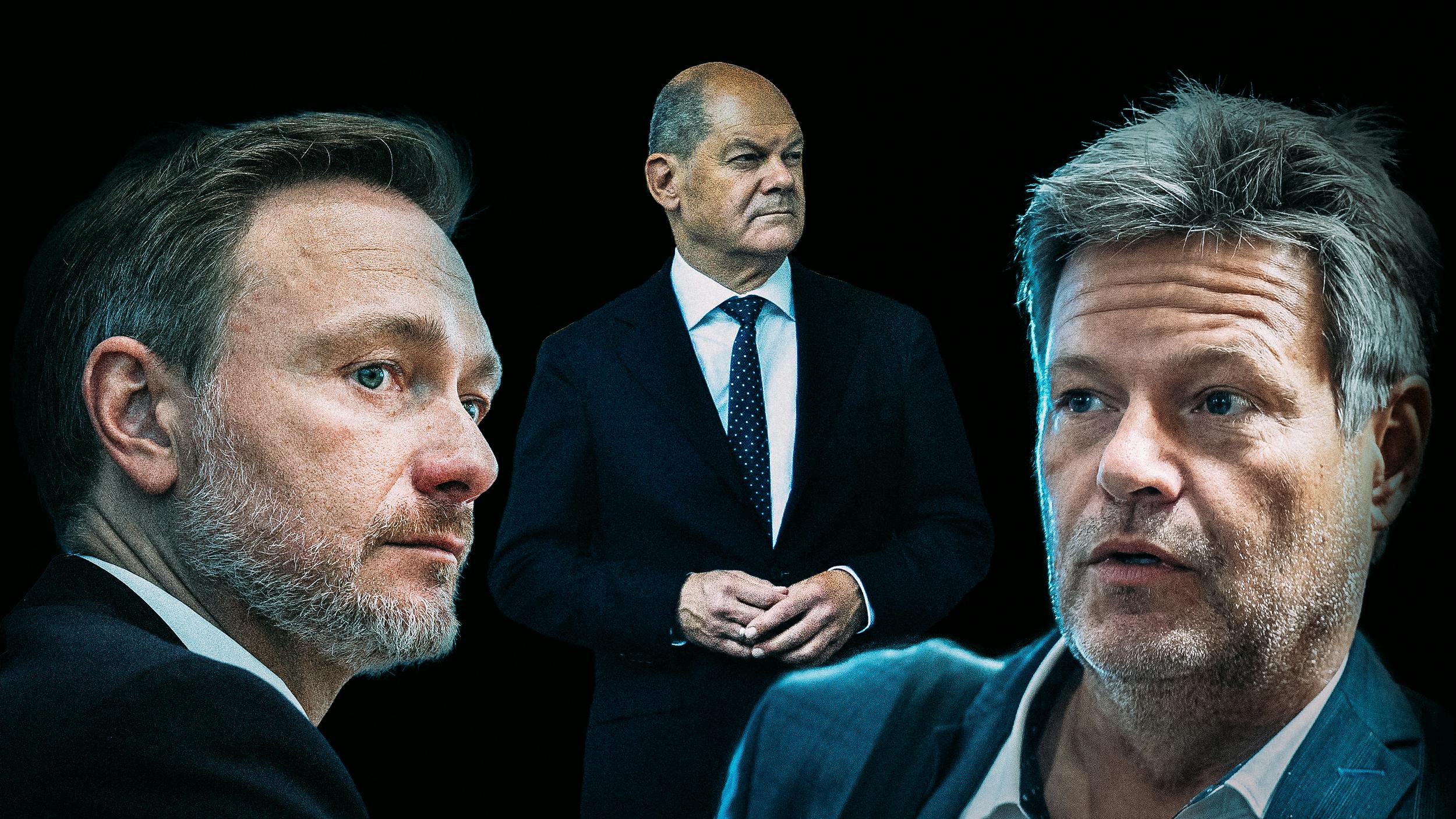 Collage: Christian Lindner, Olaf Scholz und Robert Habeck vor schwarzem Hintergrund