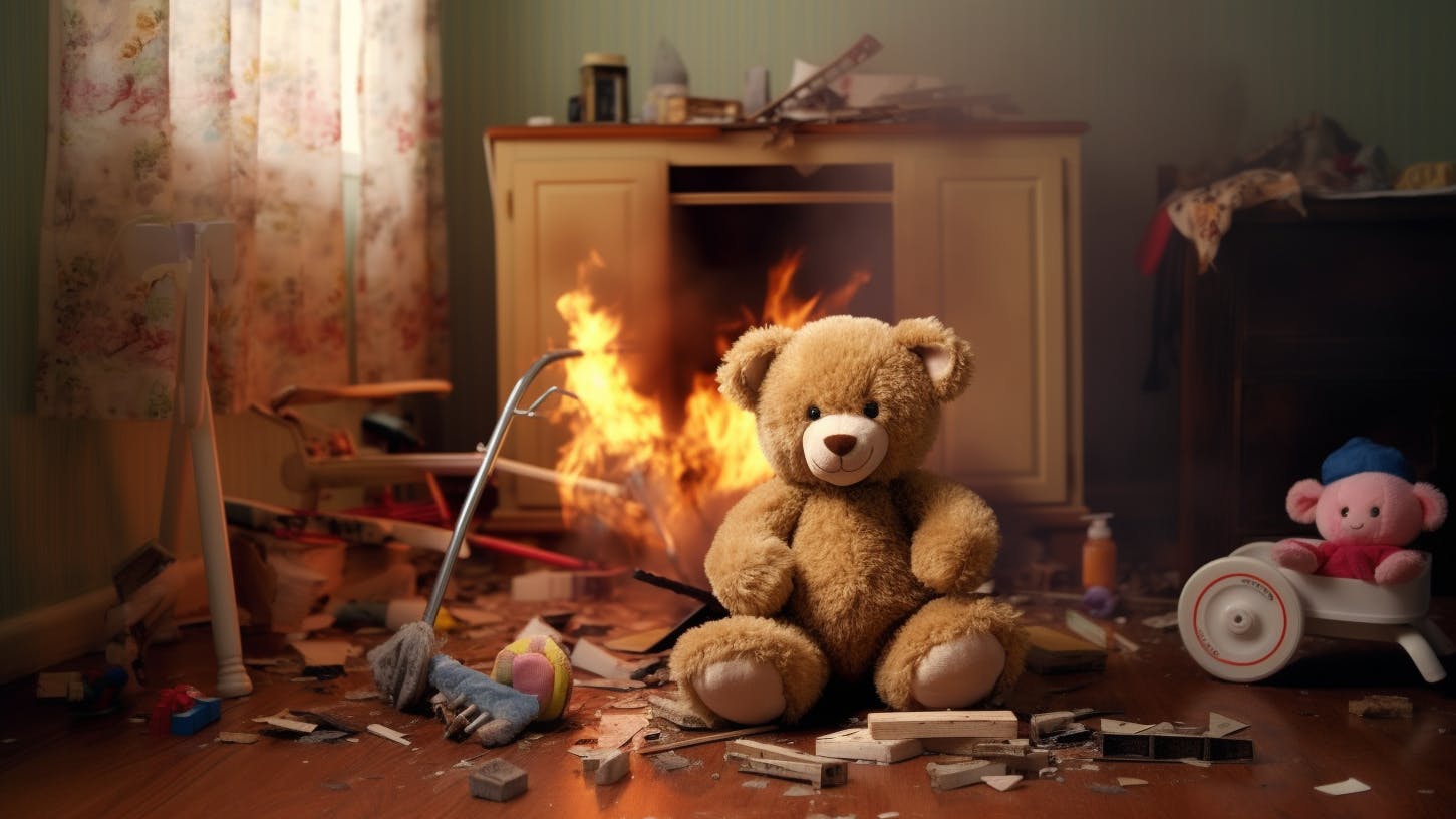 Ein lächelnder Teddybär sitzt in einem brennenden Kinderzimmer.