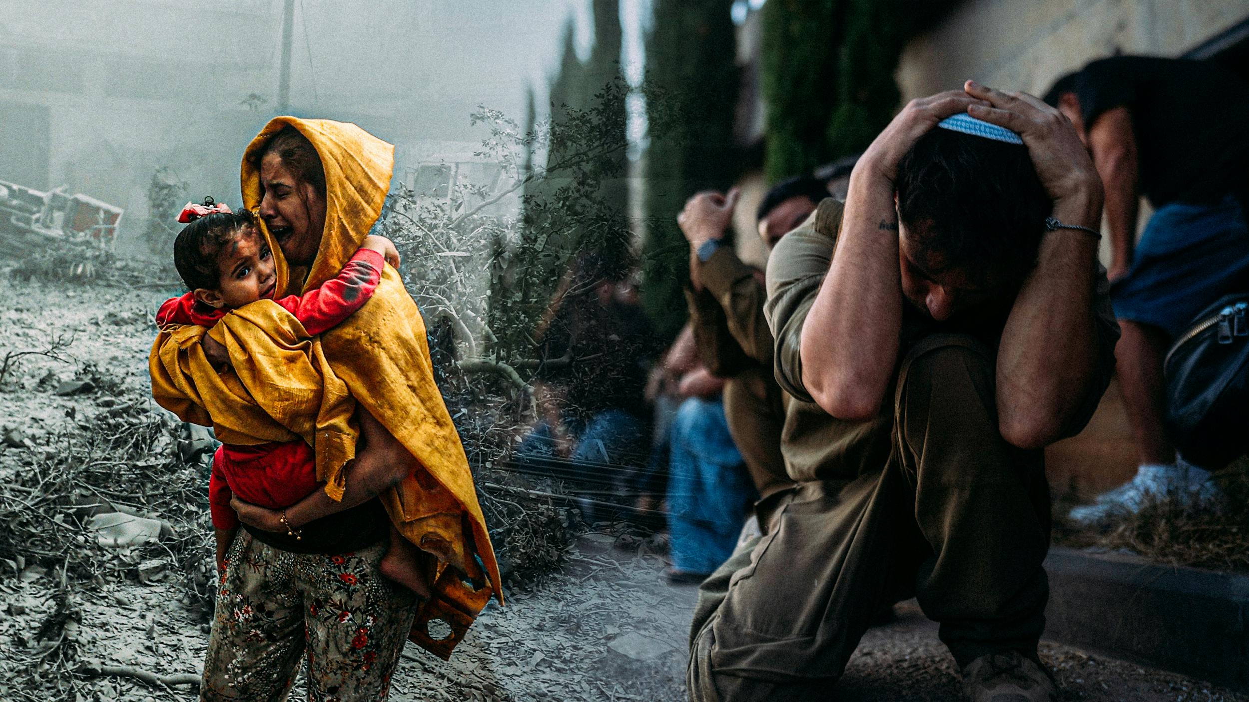 Eine trauernde Mutter in Gaza neben einem israelischen Soldat