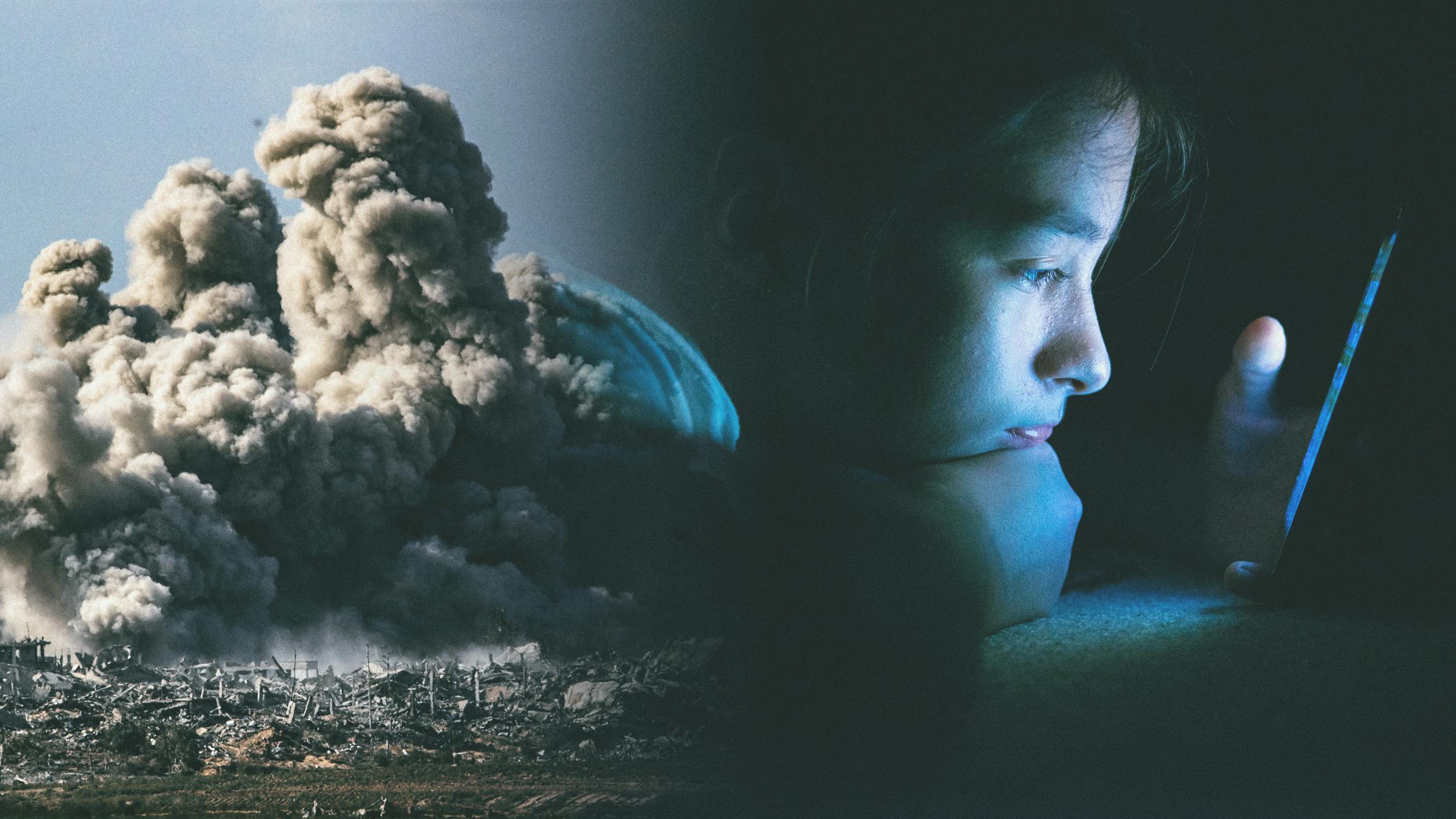 Collage. Links: Eine Explosion, man sieht eine dichte Rauchwolke. Wohnhäuser liegen in Schutt und Asche. Rechts: Ein Kind im Dunkeln am Smartphone. Das Licht des Telefons beleuchtet sein Gesicht.