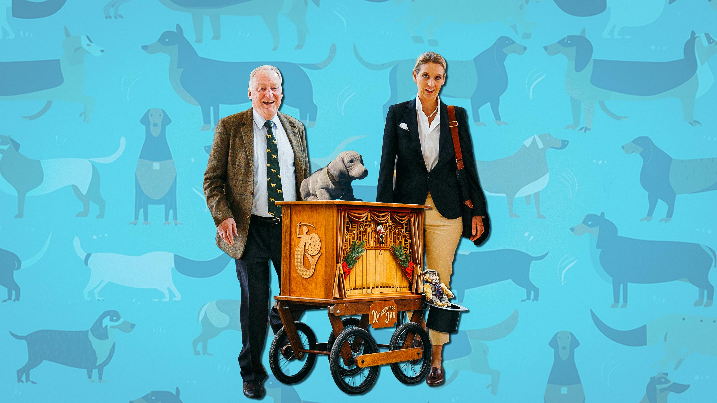 Collage: Alexander Gauland und Alice Weidel stehen hinter einem Leierkasten, auf dem ein Wackeldackel liegt. Auf dem blauen Hintergrund befindet sich ein Muster aus illustrierten Dackeln.