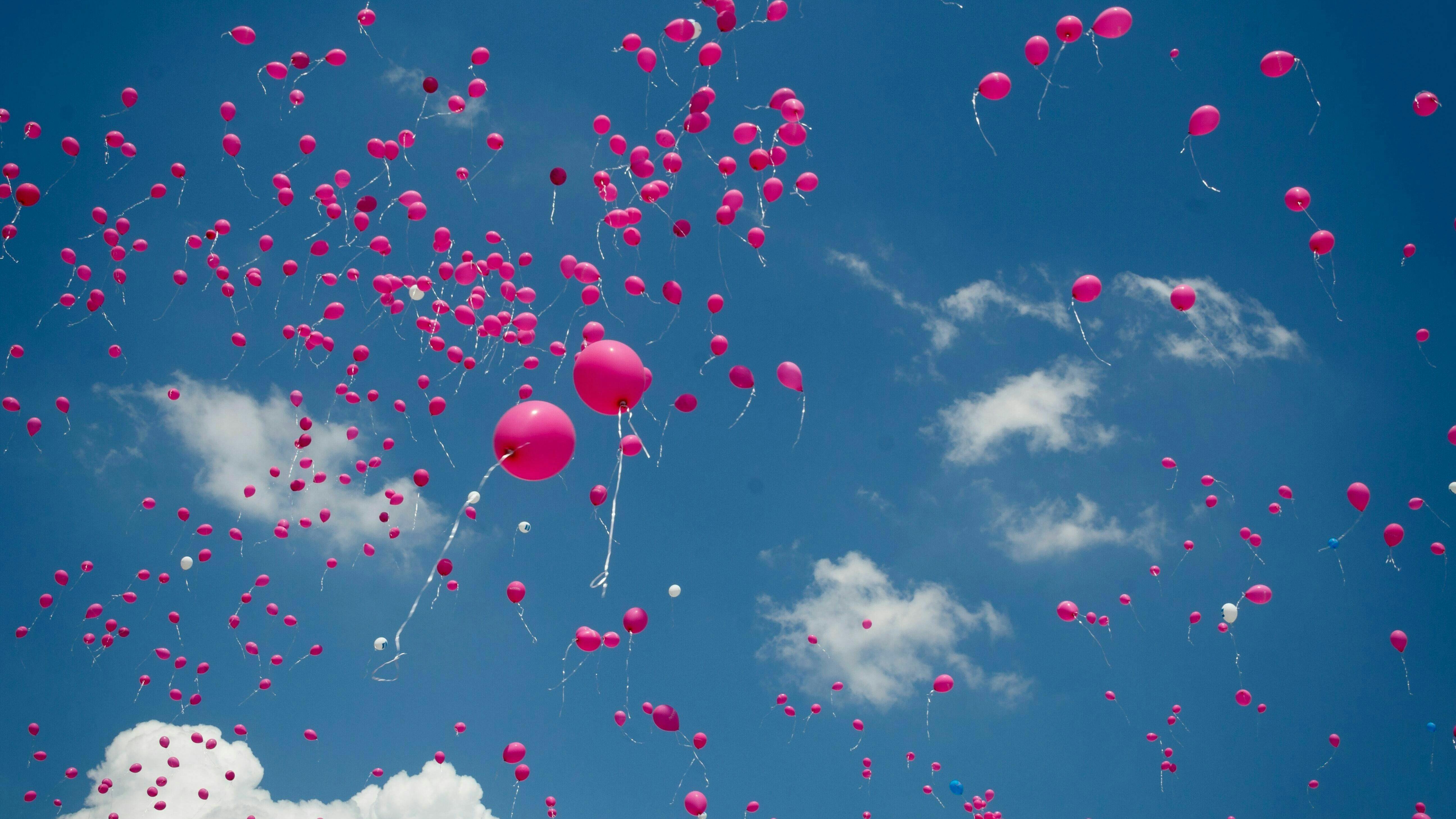 Rosafarbene Luftballons fliegen hinauf in den Himmel