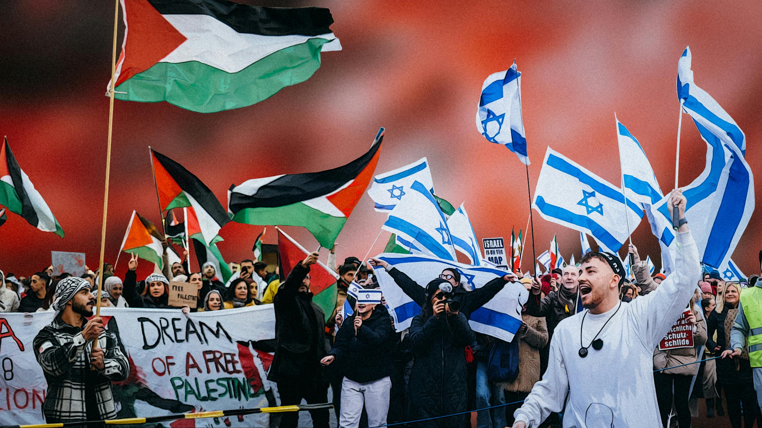 Collage: Zwei demonstrierende Gruppen stehen sich gegenüber. Eine pro Palästinensische und ein pro Israelische Demonstration.