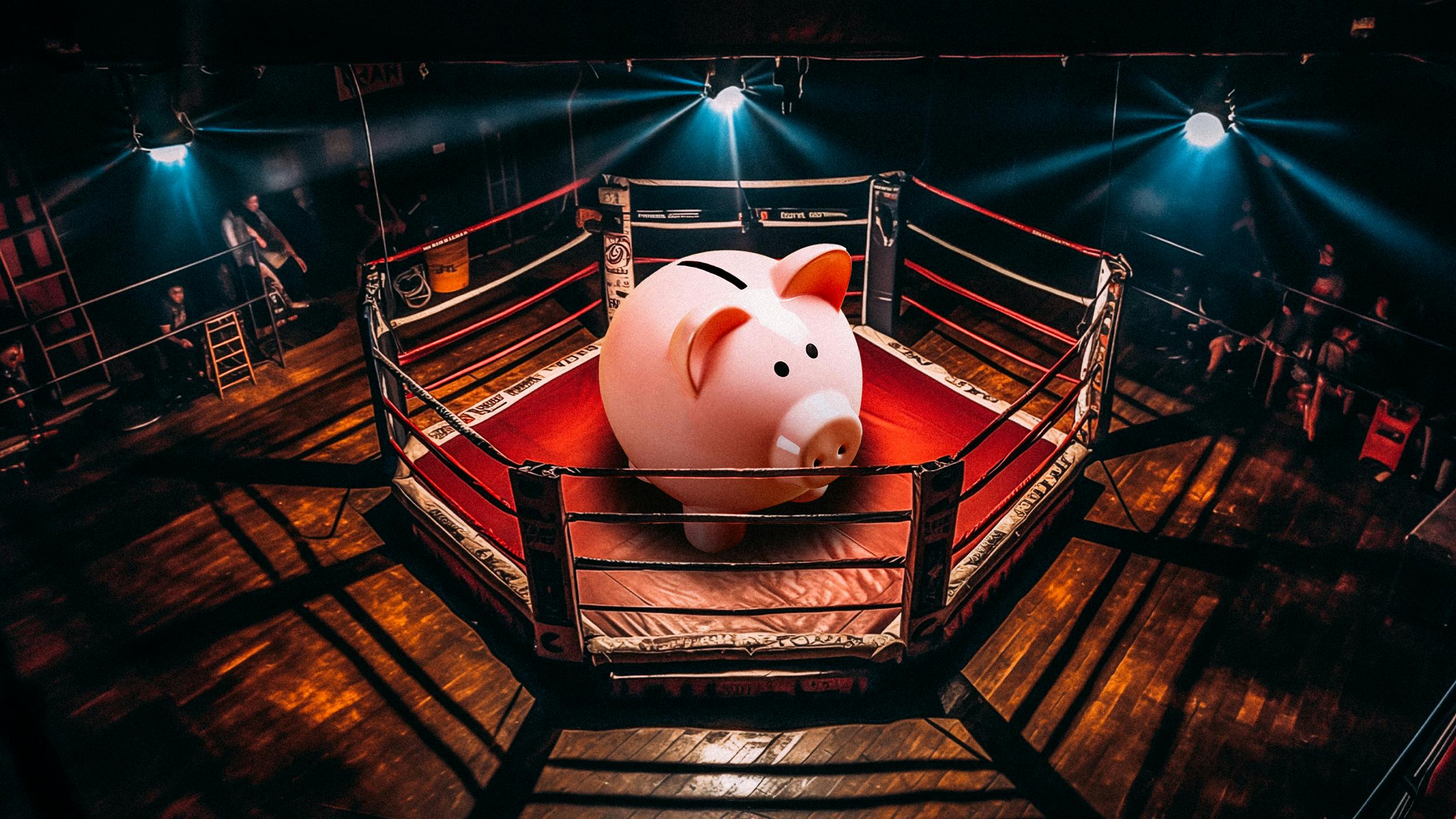 Collage: Ein großes Sparschwein steht in einem Boxring. Der Ring ist von oben beleuchtet, Am Rand des Rings kann man vage Menschen erkennen.