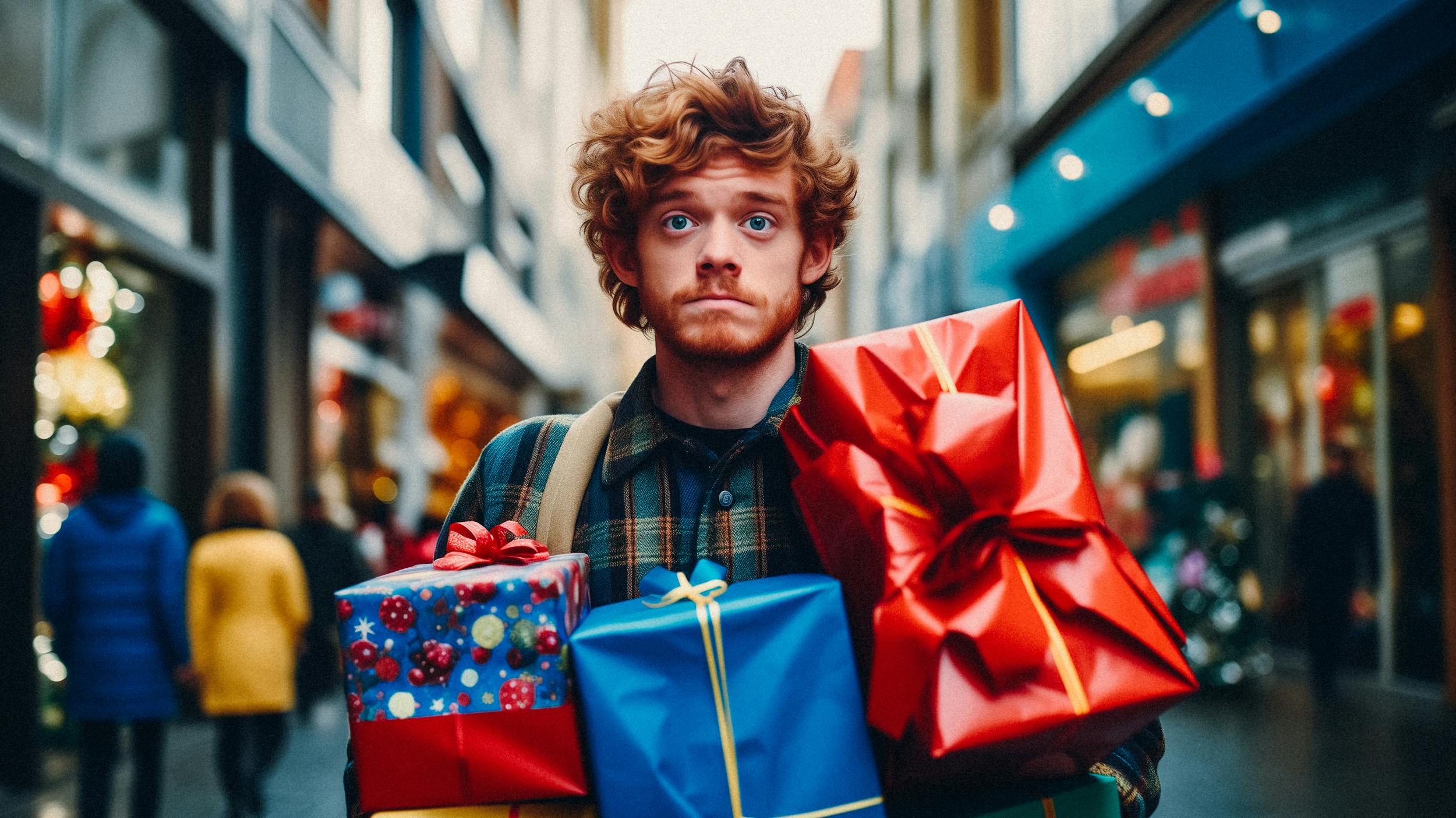 Ein rothaariger junger Mann steht in einer Einkaufsstraße. In seinen armen hält er viele verpackte Geschenke. Er wirkt gestresst.