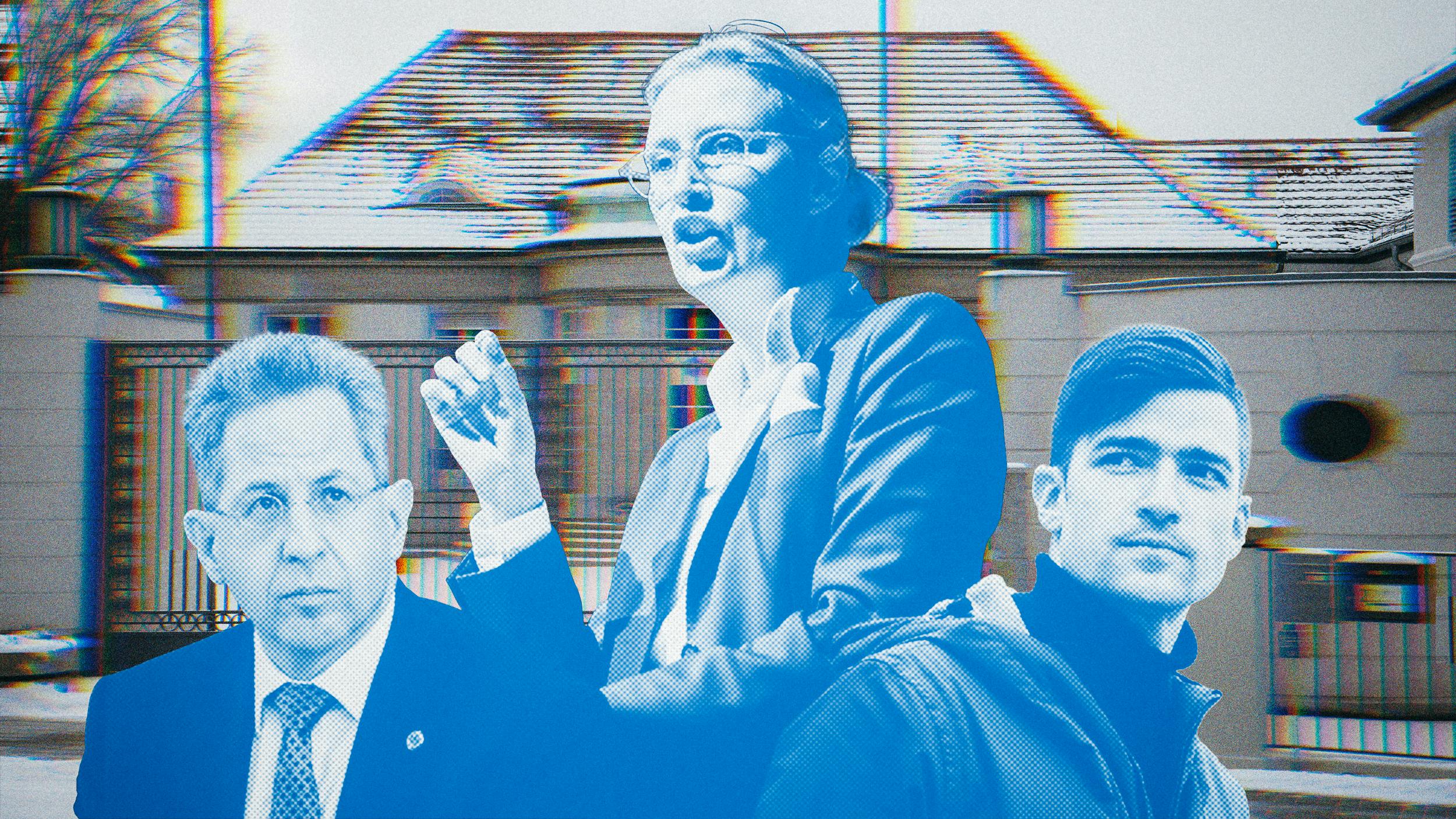 Hans-Georg Maaßen, Alice Weidel und Martin Sellnervor einem verschneitem Hof 