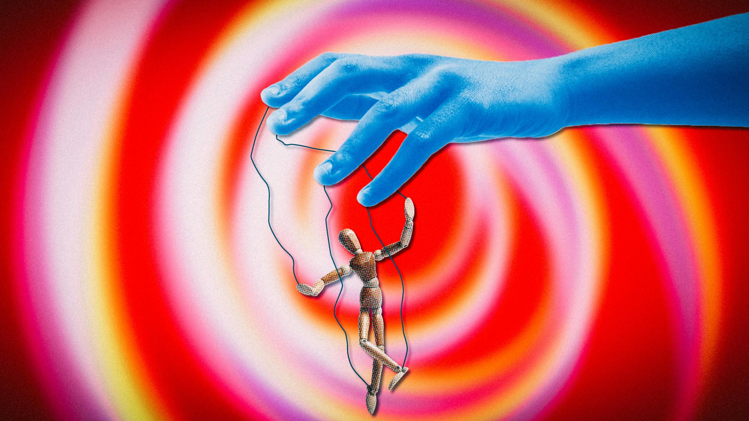 Collage: Eine Hand hält eine Marionette an Fäden fest.