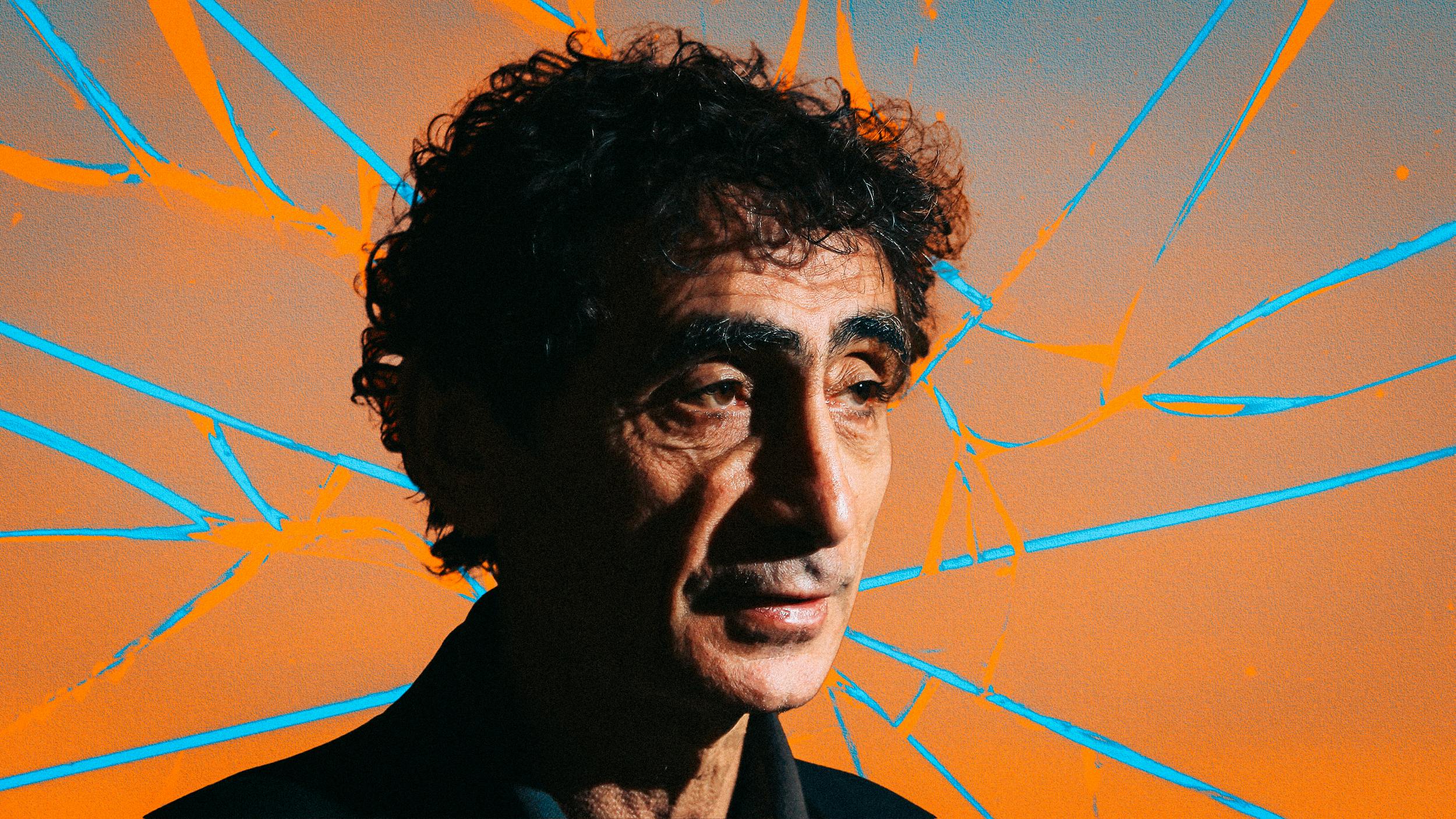 Collage: Gabor Maté vor einer zerbrochenen Scheibe.