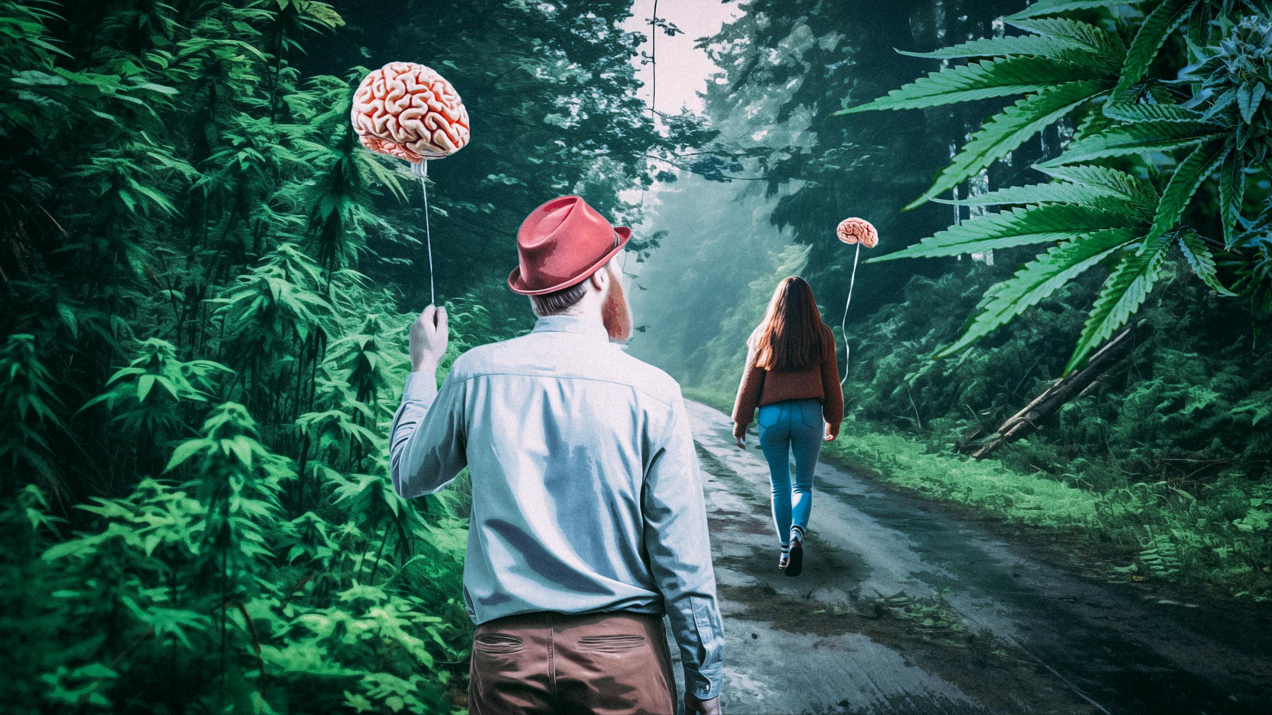 Ein Wald aus Cannabis-Pflanzen. In der Mitte gehen eine Frau und ein Mann über die Straße und halten einen Luftballon in Gehirn-Form in den Hängen.