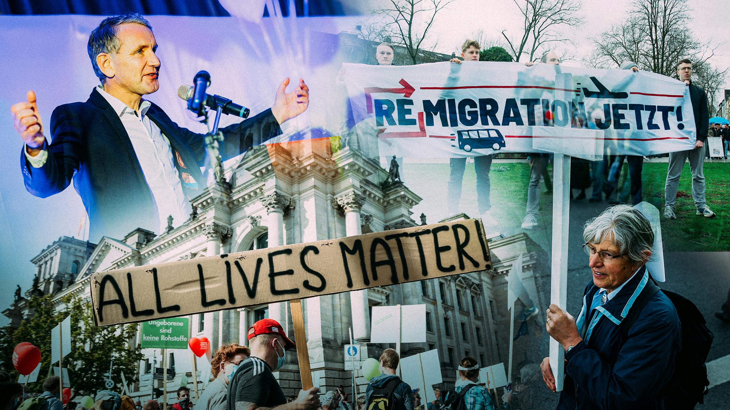 Collage: Björn Hoecke, eine Demonstration für Remigration, eine Nonne mit einem Kreuz und eine Demonstration gegen Abtreibung mit einem Plakat auf dem „All lives matter“ steht.