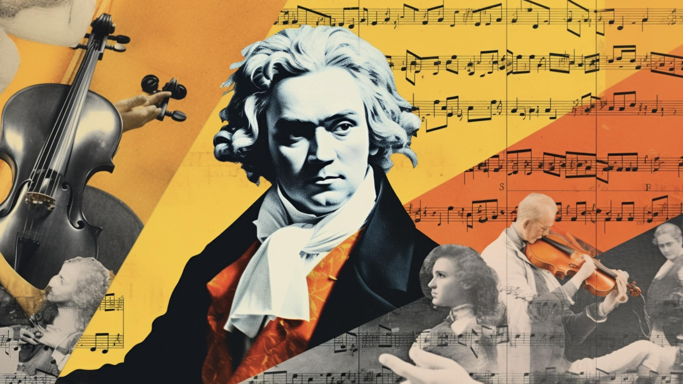 Eine KI-generierte Collage mit Musiknoten, einen Menschen der Beethoven ähnlich sieht und Geigen, vor einem gelben und orangenen Hintergrund