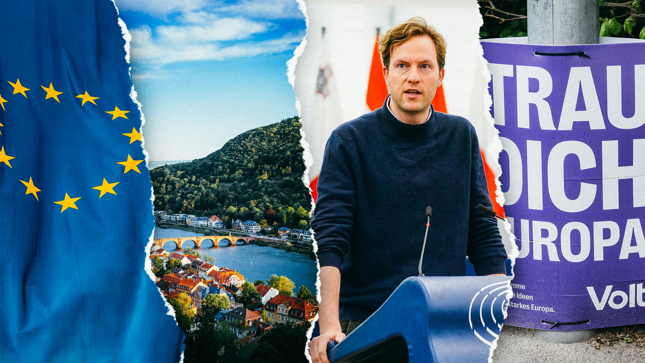 Collage: Eine EU-Fahne, Heidelberg, Damien Boeselager und ein VOLT-Wahlplakat.