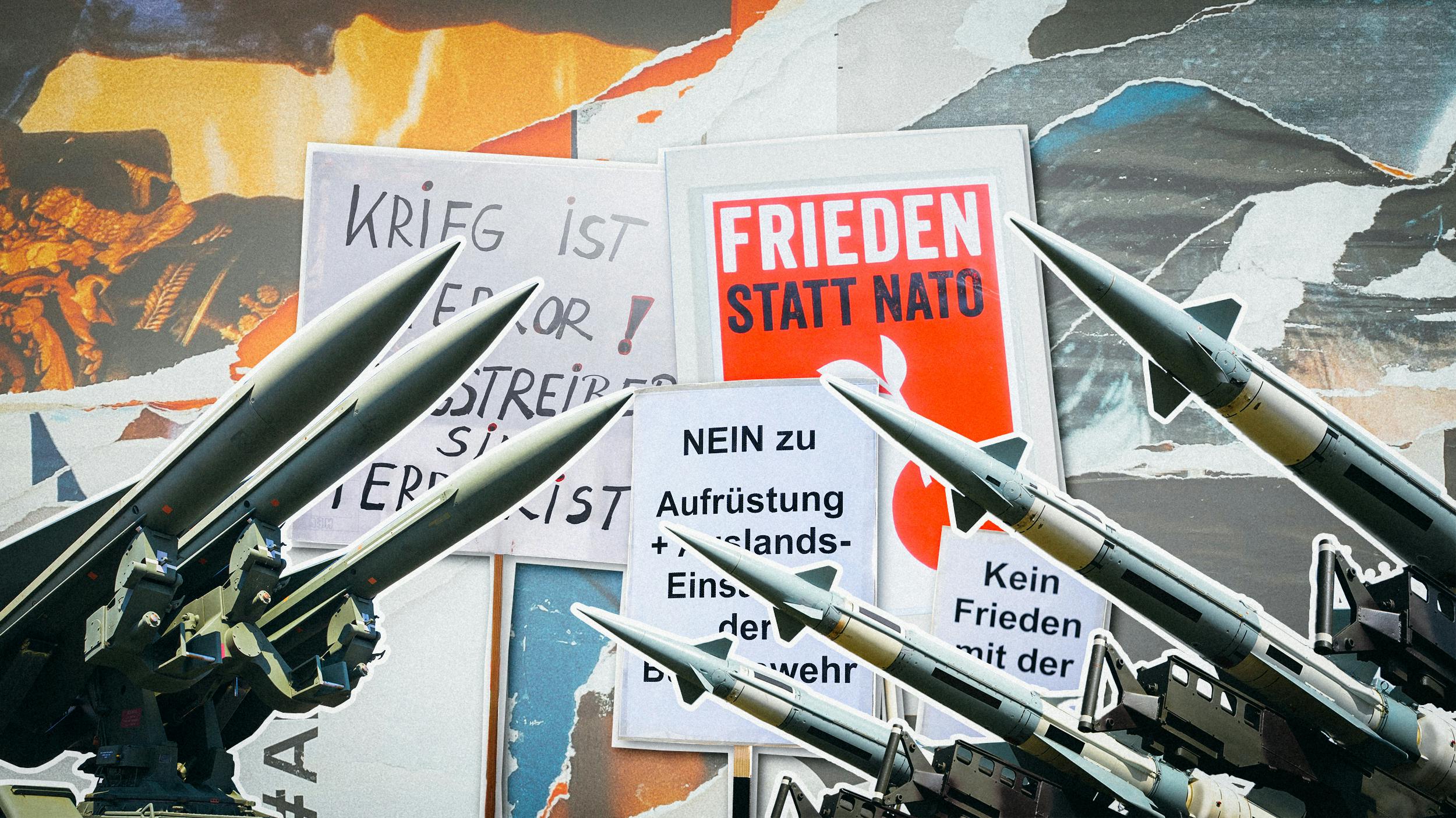 Collage: Langstreckenraketen vor Demo-Schildern, auf denen vor Aufrüstung und gegen Krieg gewarnt wird.