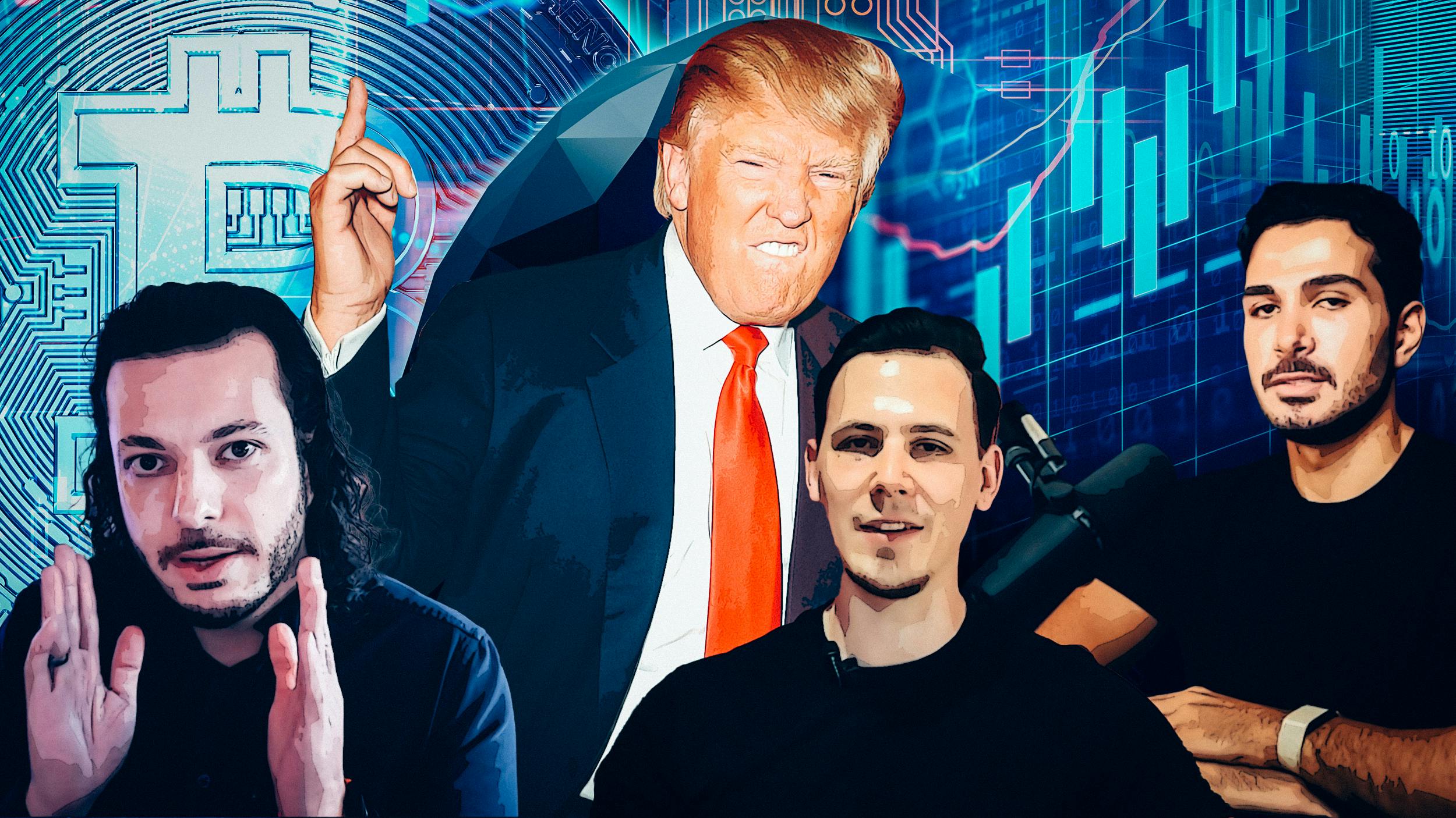 Collage: 3 Crypto-Podcaster und Donald Trump, im Hintergrund sieht man Börsengrafiken und das Bitcoin-Logo