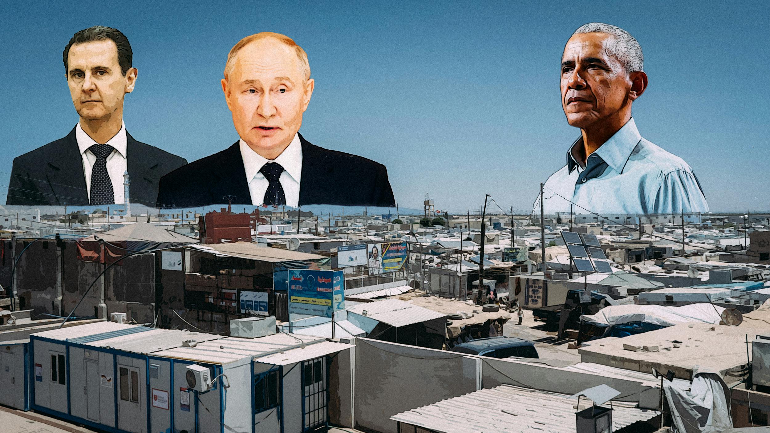 Collage: Assad, Putin und Obama am Himmel über einer Hüttenstadt.