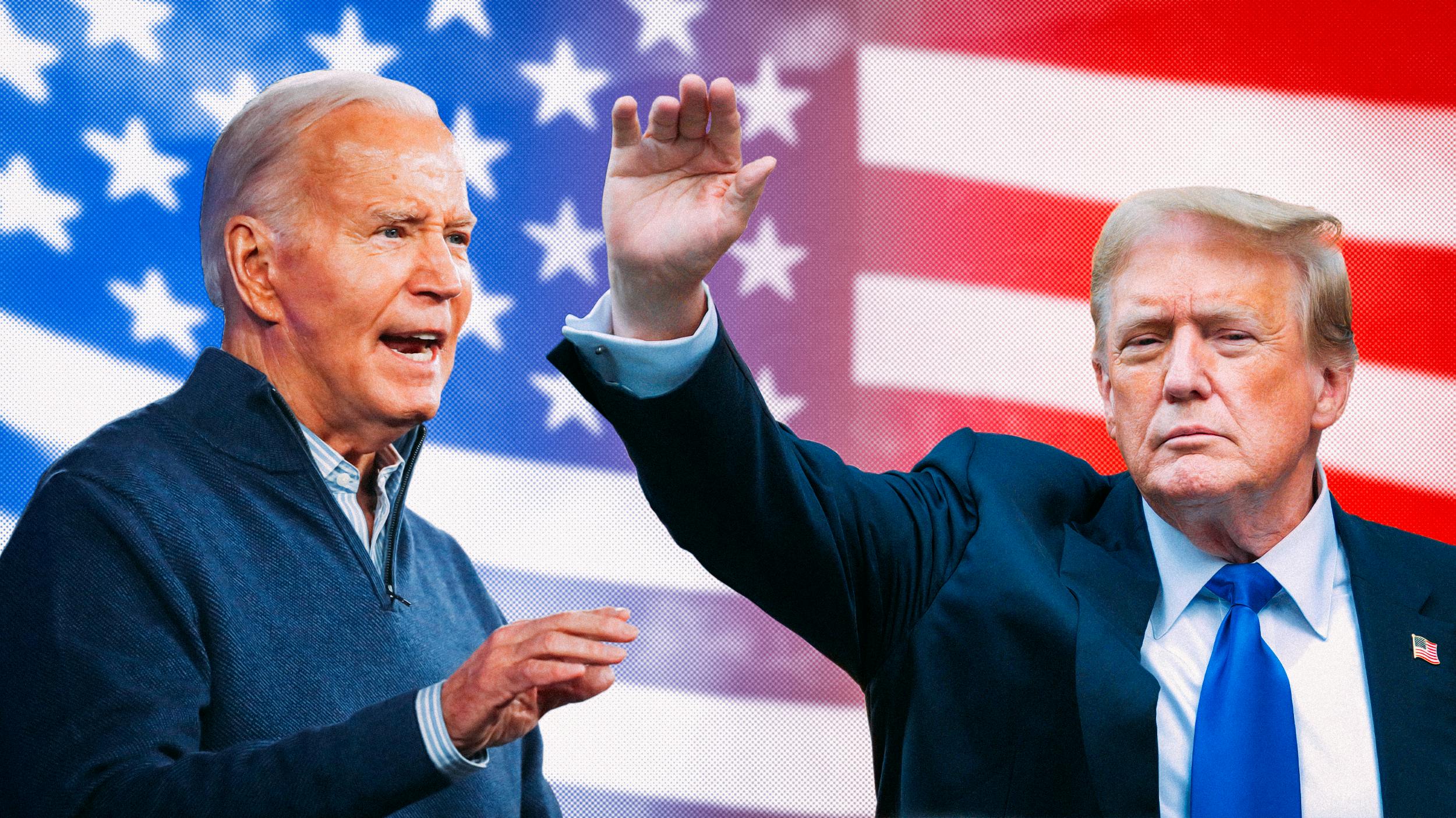 Collage: Biden und Trump vor einer amerikanischen Flagge.