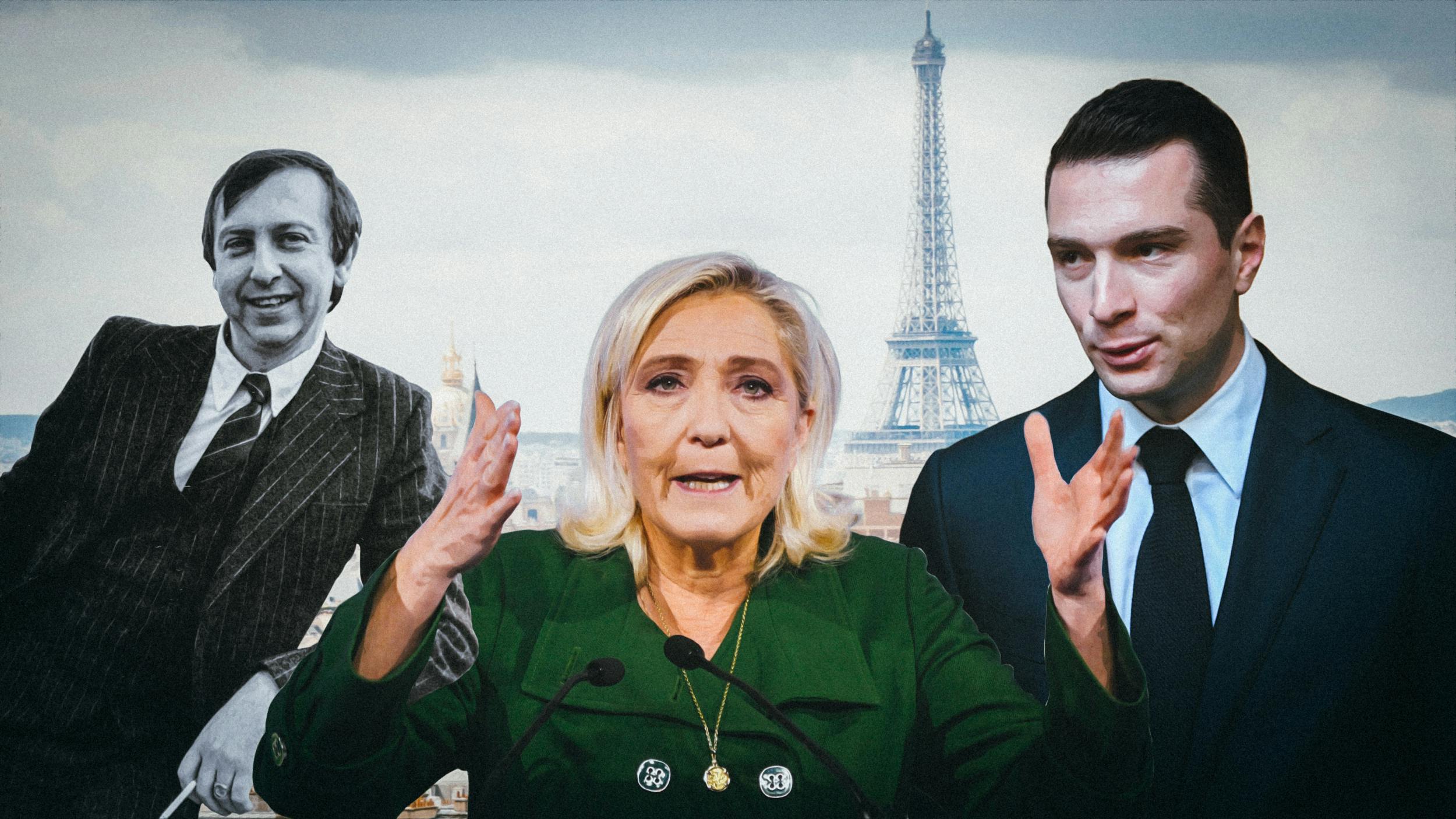 Collage: Alain de Benoist, Marine le Pen und Jordan Bardella vor dem Eiffelturm.