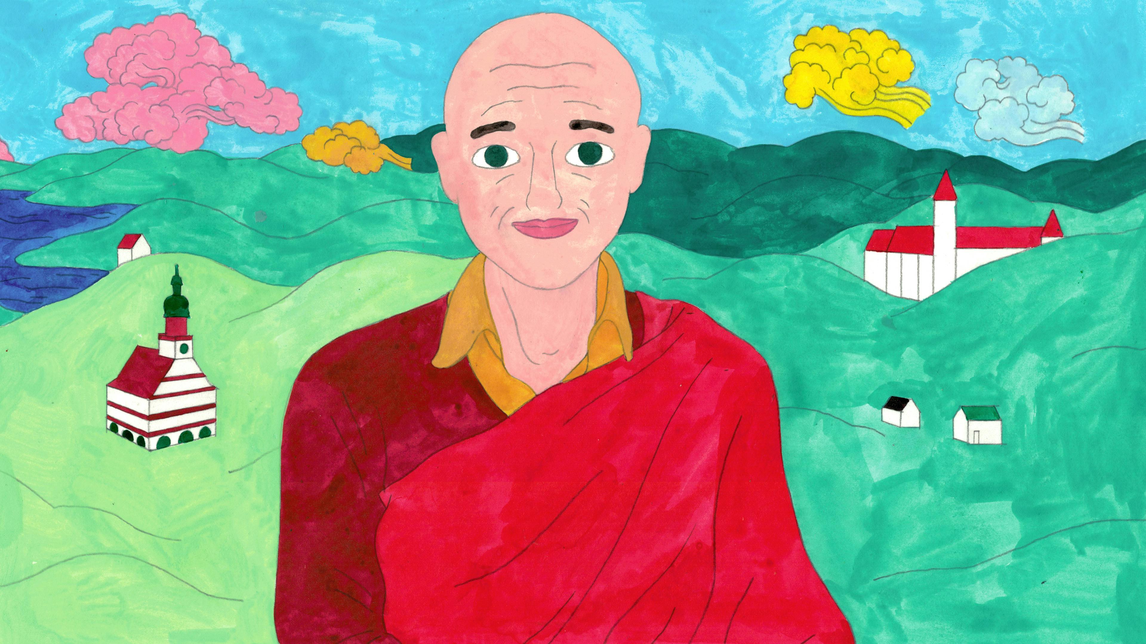 Illustration: Ani Semchi vor einer hügeligen Landschaft. Sie trägt die traditionelle Kleidung buddhistischer Nonnen und Mönche: Ein Rotes Tuch und einen orangenen Schal.