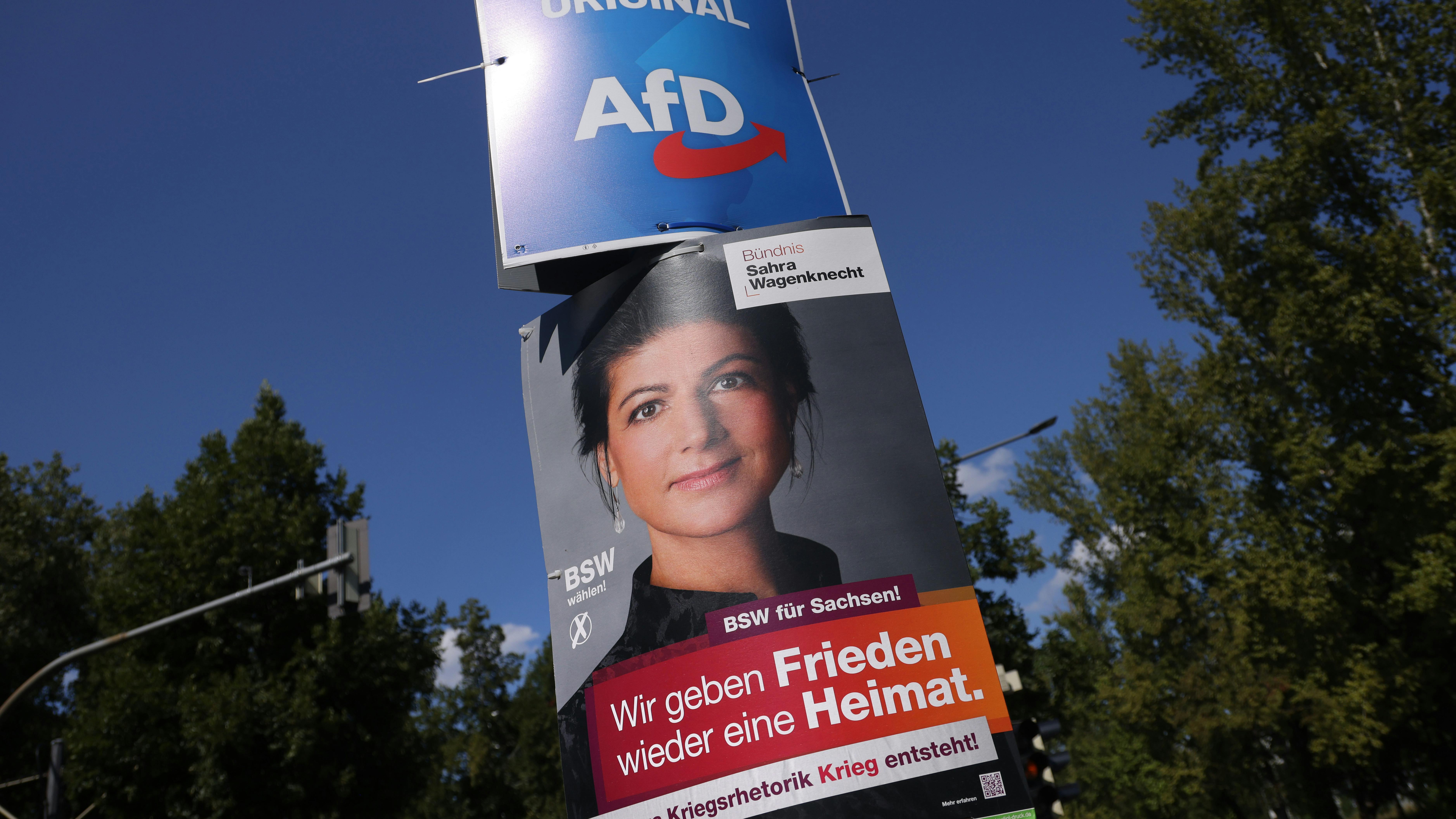 Ein Wahlplakat von AfD und BSW hängen übereinander an einem Laternenpfahl. 