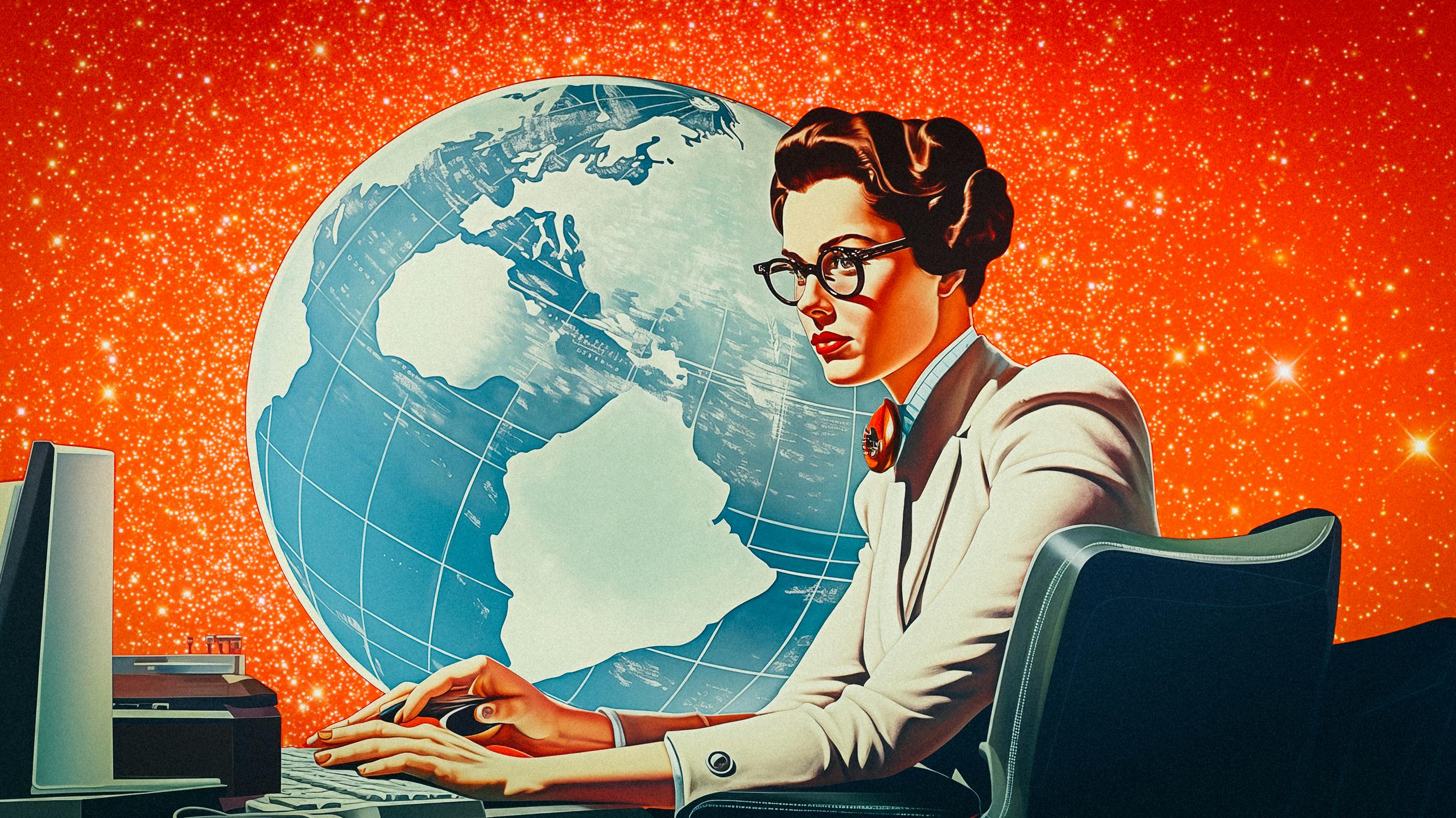 Illustration: Eine Frau sitzt vor einem Computer, im Hintergrund ist die Weltkugel zu sehen.