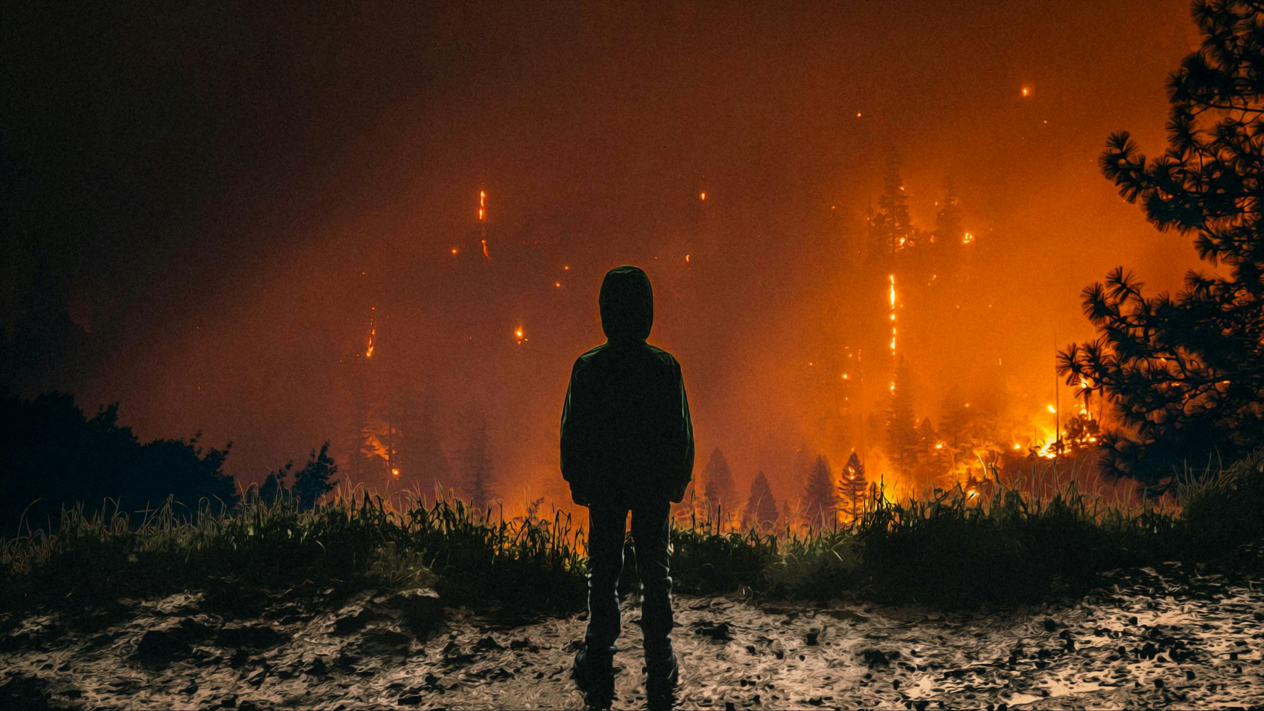 Fotomontage: Ein Kind steht auf einem Felsvorsprung und schaut hinab in ein Tal, in dem ein Waldbrand tobt.