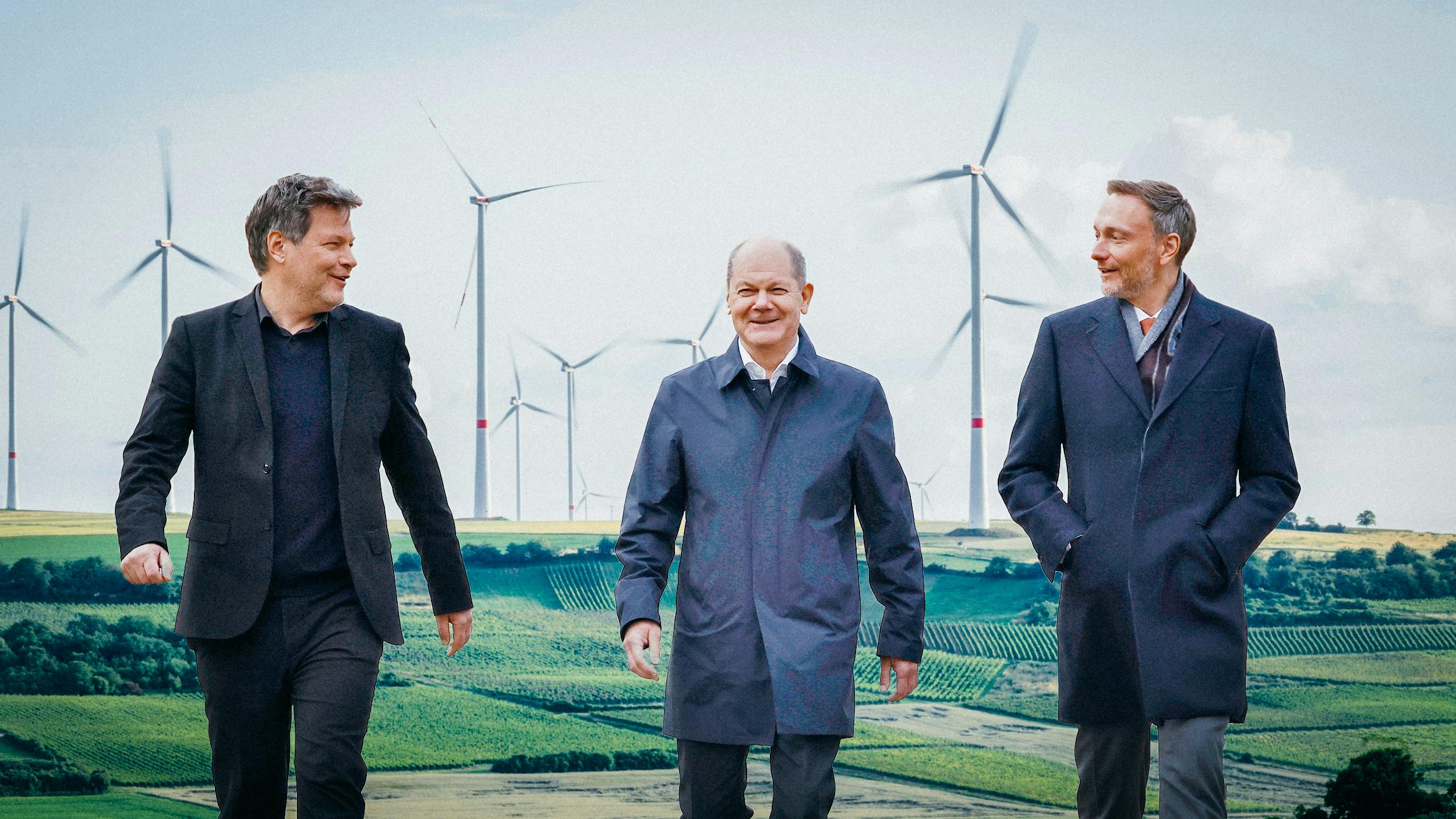 Fotomontage: Habeck, Scholz und Lindner vor einer Landschaft. Im Hintergrund sieht man Windräder.