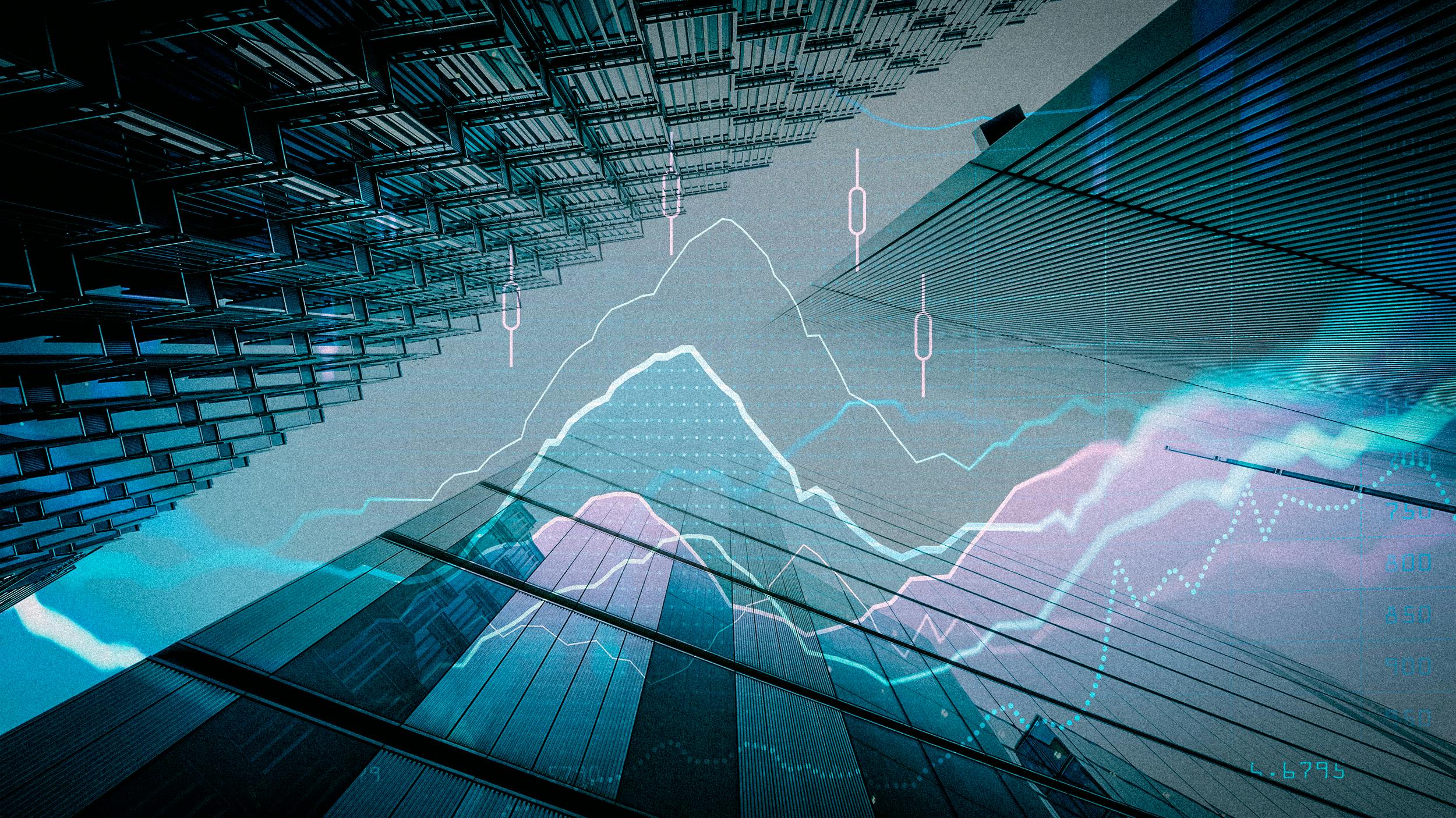 Eine Collage aus Aktienkursen, Wolken und Hochhäusern