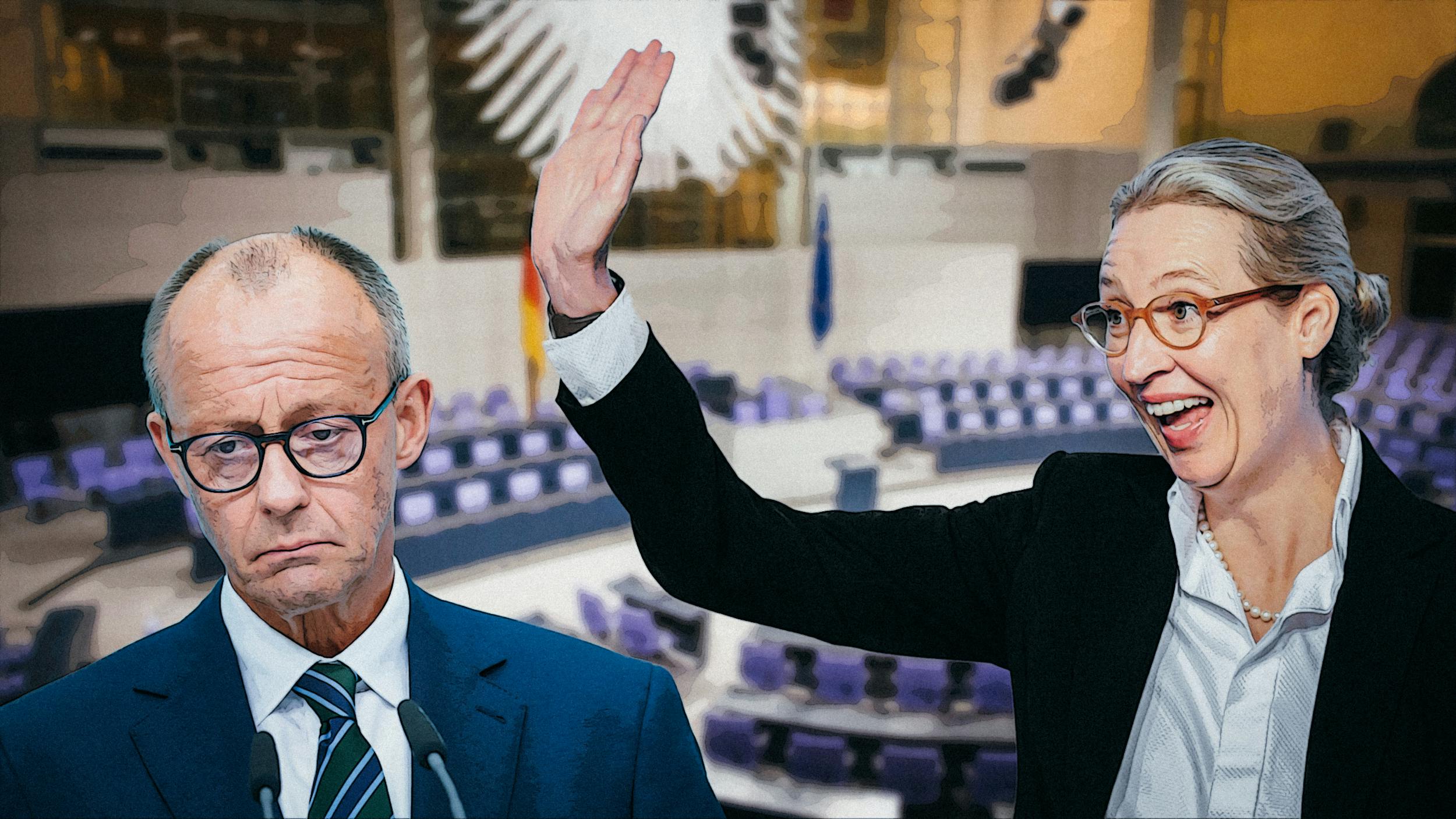 Collage: Merz schaut betrübt während Weidel glücklich die Hand zum Gruß hebt. Im Hintergrund ist der Bundestag zu erkennen.