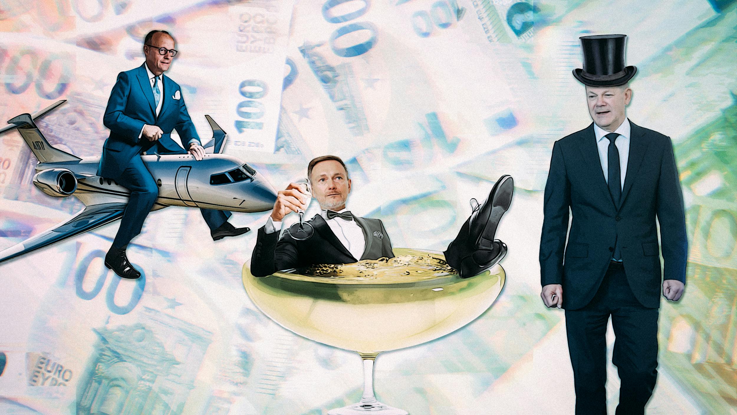 Friedrich Merz reitet auf einem Flugzeug, Olaf Scholz sitzt in einem Champagnerglas und Olaf Scholz trägt einen Zylinder.