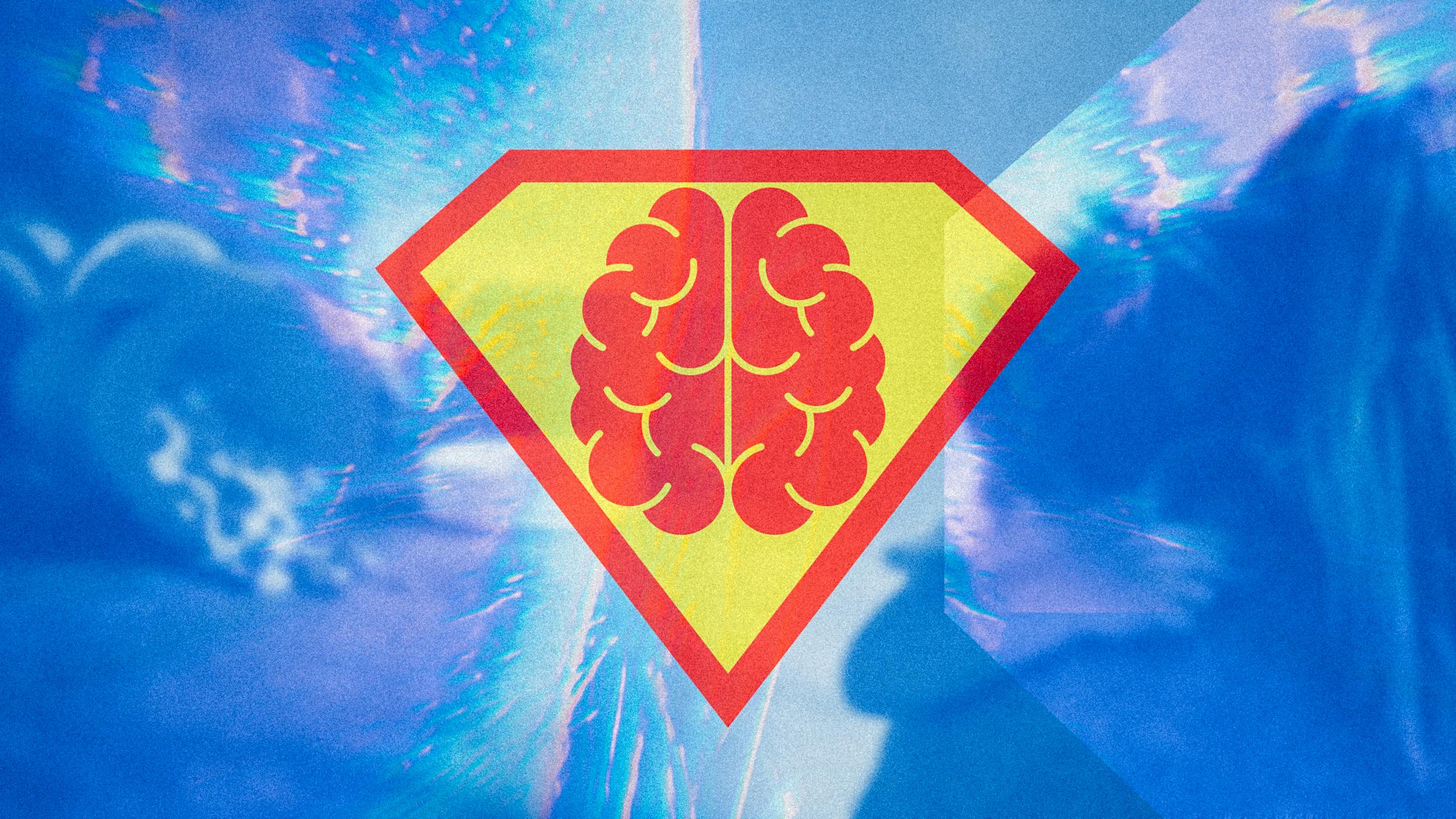 Fotomontage: Ein Superhelden-Logo mit einem Gehirn in der Mitte. Im Hintergrund sieht man links verschwommen eine Pillendose, rechts eine Frau mit Kind auf dem Arm.
